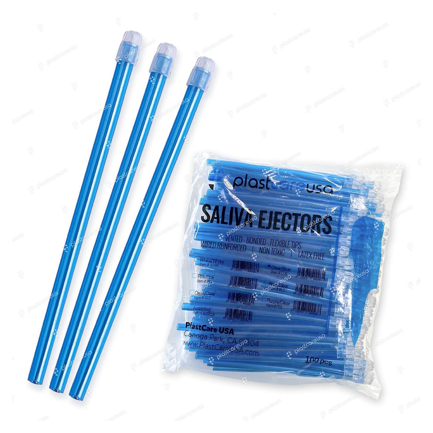 100 Blue Dental Saliva Ejectors Disposable - Medical Grade Latex Free Evacuation Suction Tips - Flexible Tube (100 Pack) by PlastCare USA
