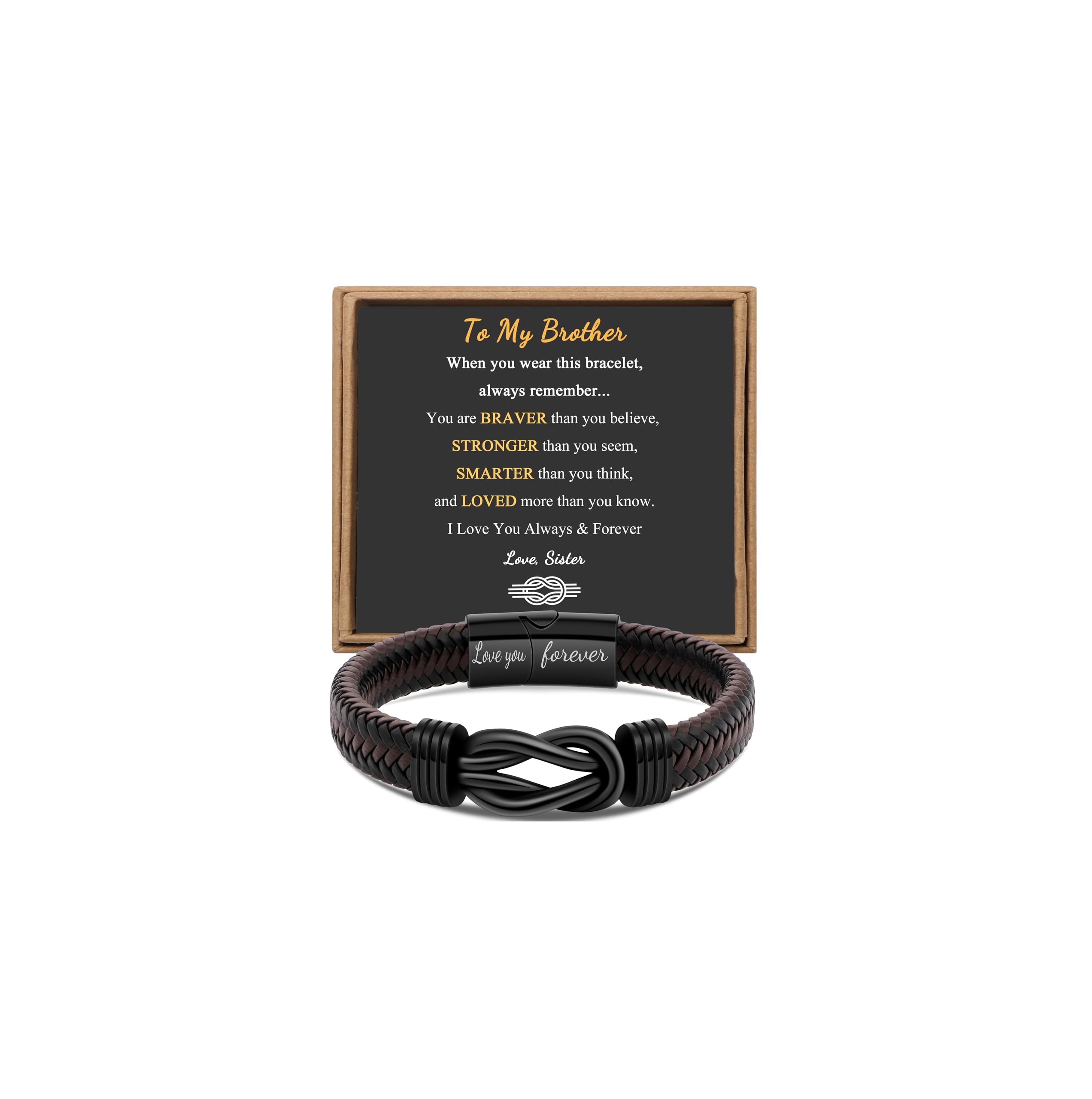 Gift for Men Infinity Bracelet for Men Dad Husband Boyfriend Son Grandson Brother Nephew Uncle Brown Braided Leather Forever Linked Together Stainless Steel Engraved with Love You Forever Jewelry 7.5|8.5|9 Inches