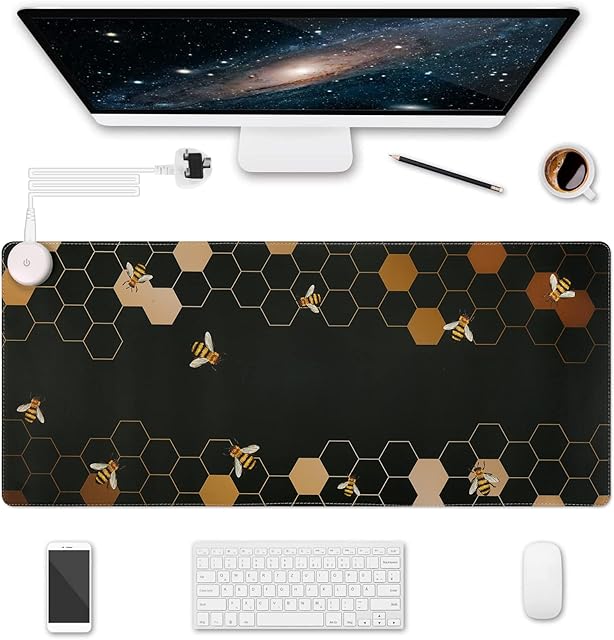 HAOCOO Heated Mouse Mat, Heated Desk Mat, Gaming Mouse Pad 800x330mm, Leather Constant Temperature Heating Desk Pad (UK Plug), Large Mouse Mat for Office Home, Bee