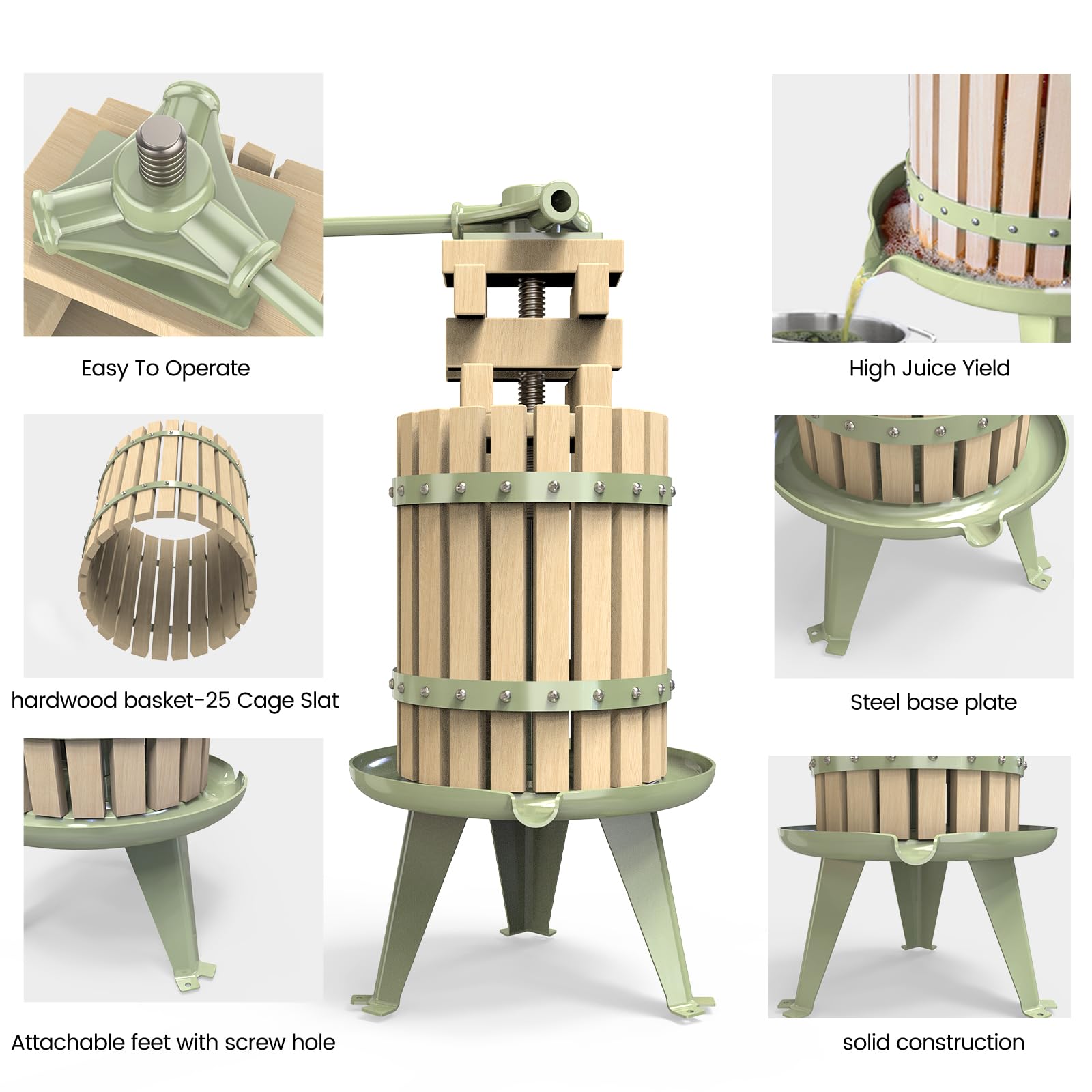 1.6 Gallon Green Fruit and Wine Press Manual Cider Juice Maker with Solid Beech Wood Basket & Heavy-Duty Stand for Apples Grapes Berries product thumbnail 5