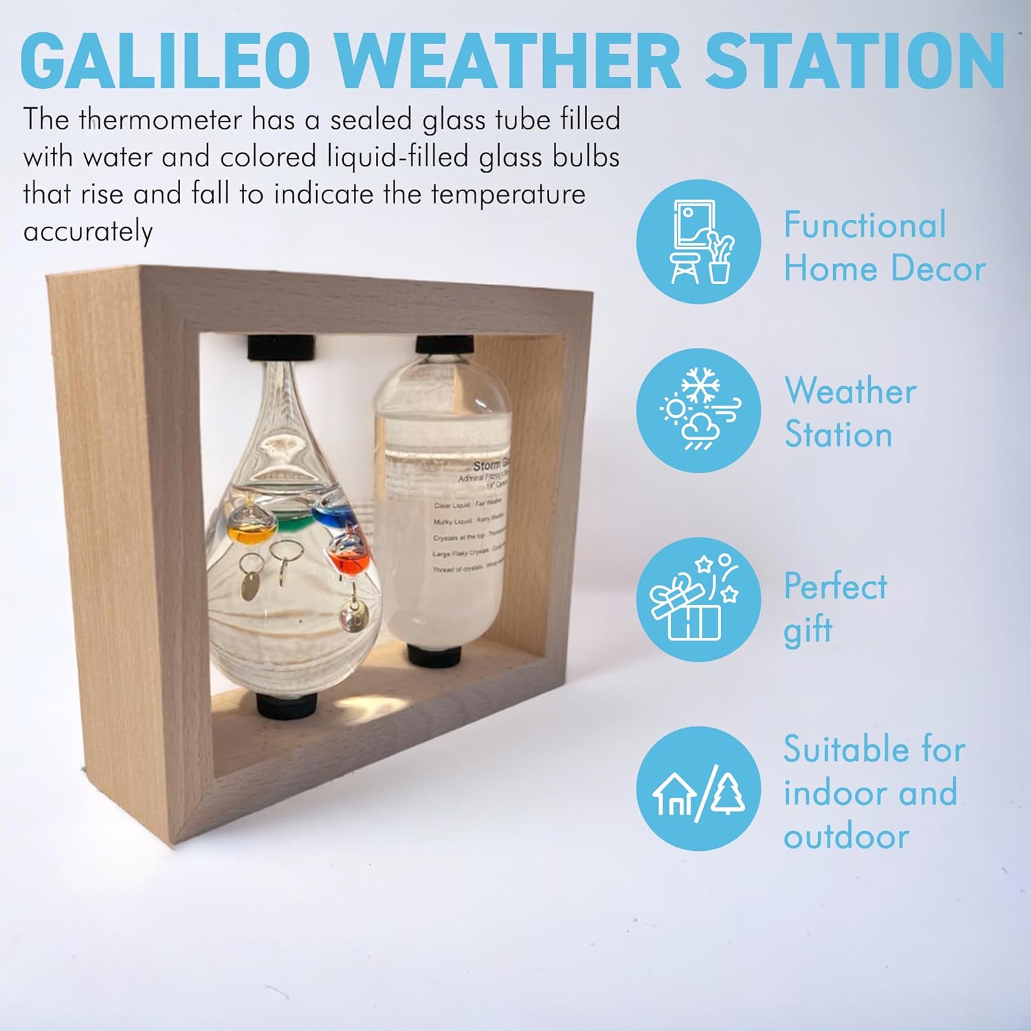 GALILEO WEATHER STATION | Glass thermometer | Weather forecaster | Weather gift | Glass Galileo with storm glass | Weather thermometer | 14cm (H) x 17cm (W) x 5cm (D)