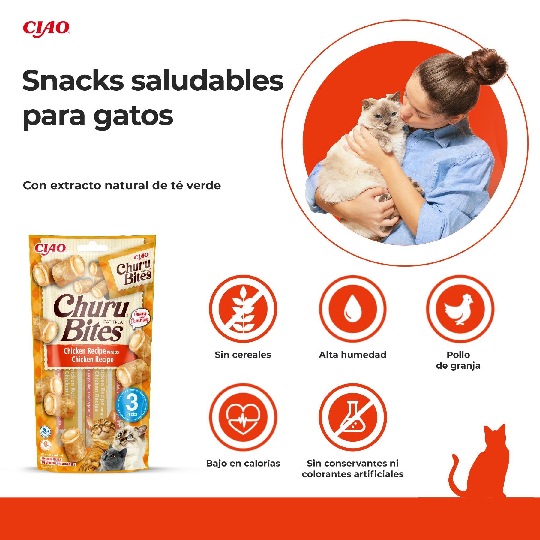 INABA Churu Bites Gatos - Receta Saludable de Pollo - Premios Saludables - Golosinas Crujientes y Cremosas - Pequeña y Práctica Porción Sabor Pollo - Sin conservantes ni Colorantes - 30g (3x10g)