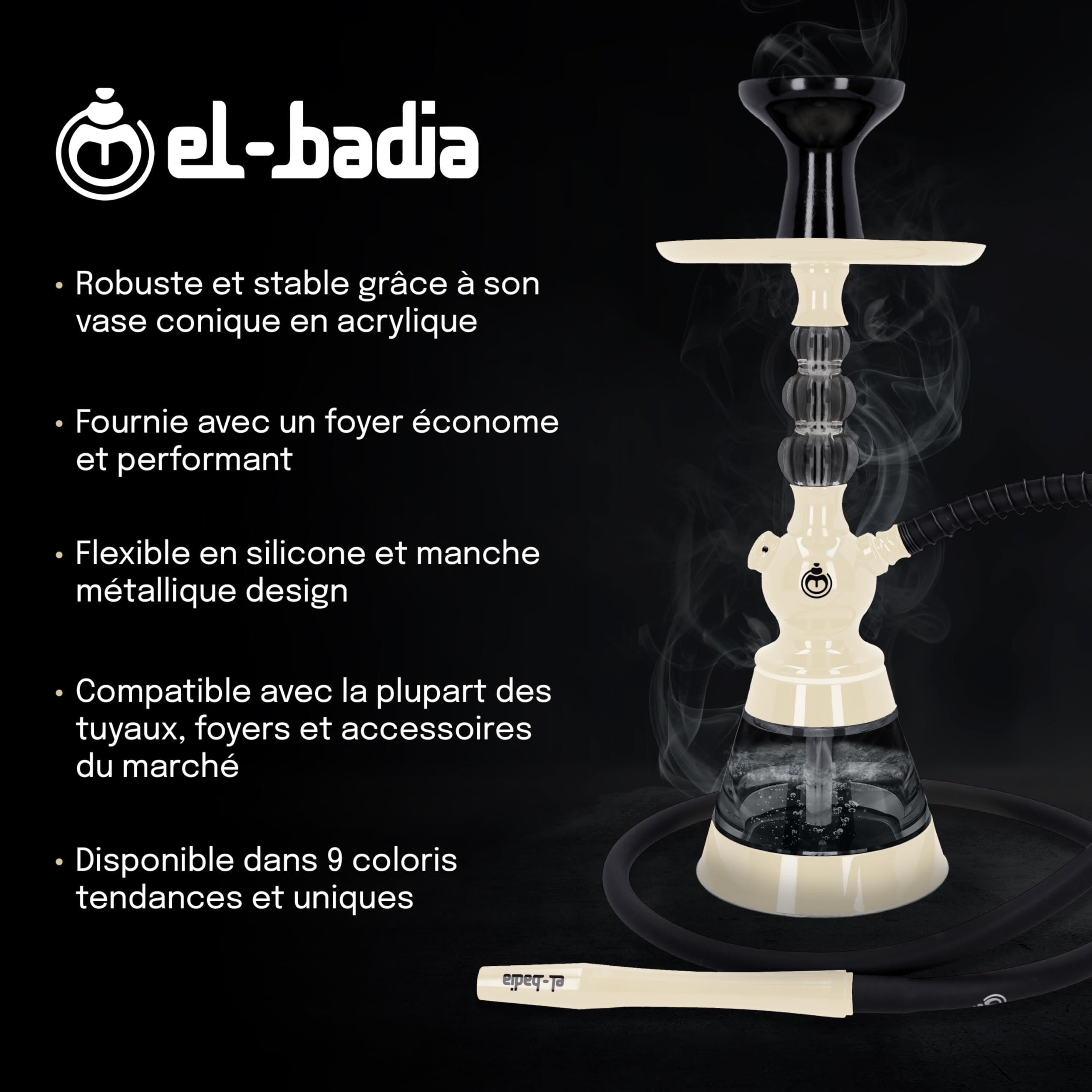 Shisha EL-BADIA CELESTE - 45 cm - Cachimba ligera con jarrón acrílico, manguera de silicona, mango de metal y fooyer Phunnel - Diseño iónico y colores de moda (Ivory White)