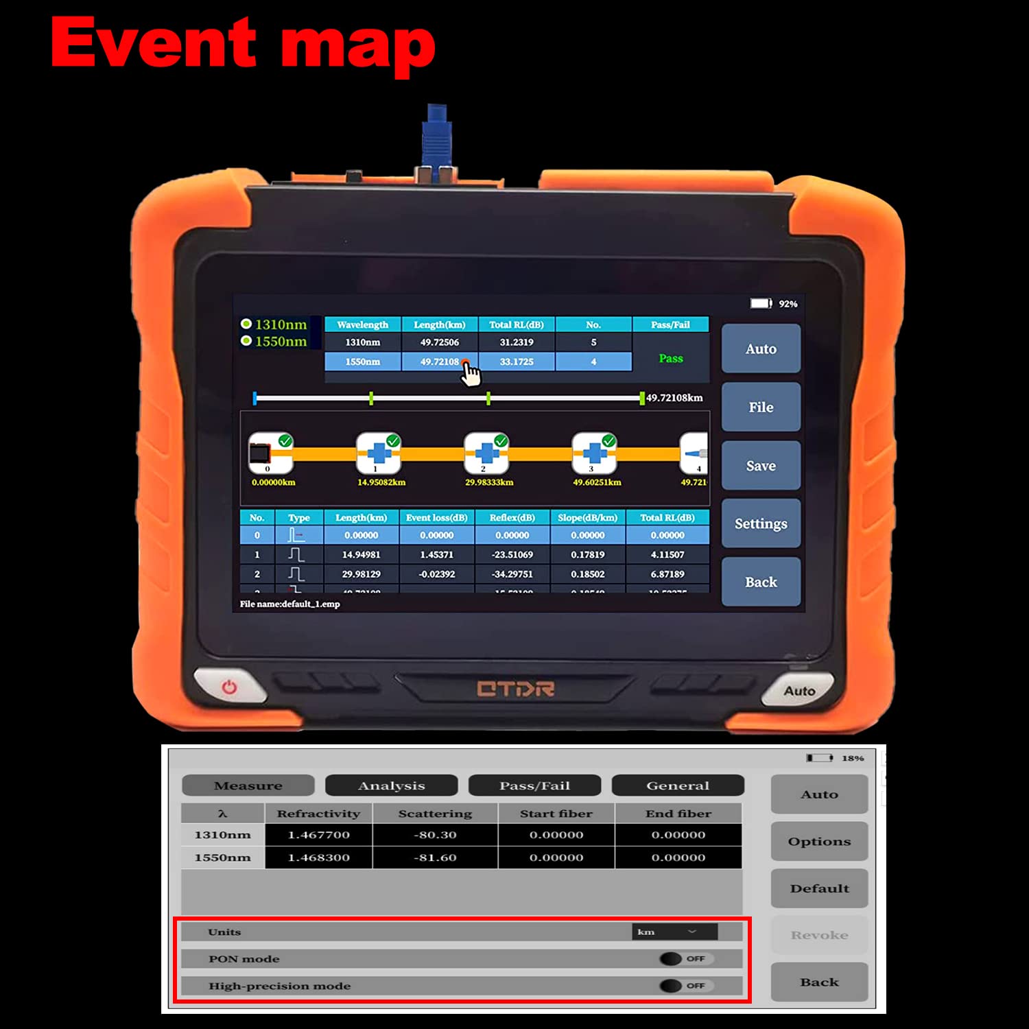 7 inches Touch Screen SM Optic Fiber OTDR Optical Time Domain Reflectometer 1310/1550nm 32/30dBm Tester Built-in VFL OPM OLS Event Map OLT (Optical Loss Test) Functions