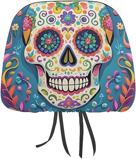 1 PCS Car Headrest Covers Soft Breathable Head Rest Cover Protector Colorful Sugar Skull Headrest Covers Personalized Cars Seat Head Rest Cover for SUV Sedan Trucks Cars Accessories