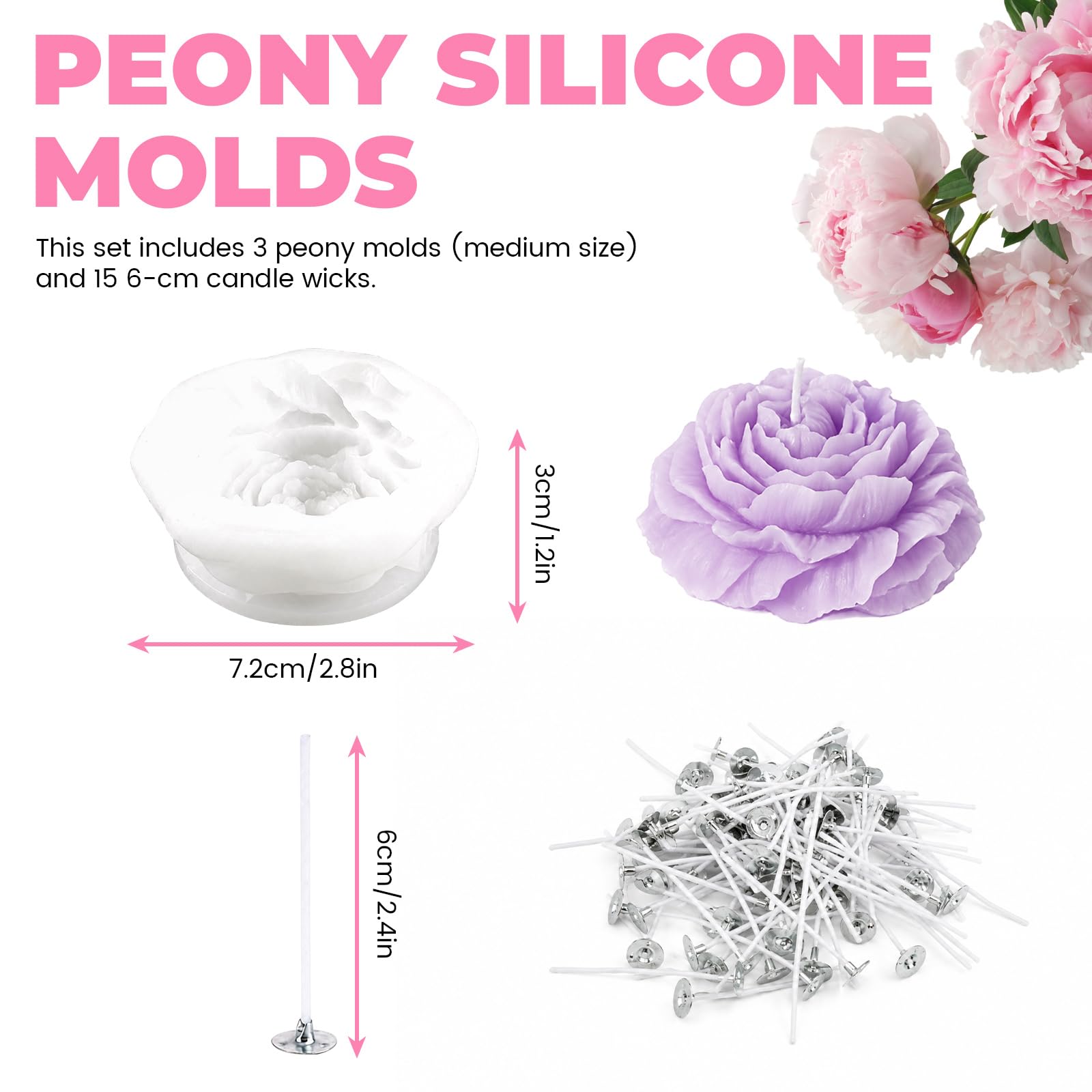 Paquete de 3 moldes de silicona 3D de flores de peonía para hacer velas, con 15 mechas de vela, moldes de flores para cera de soja, resina epoxi, jabón, fondant, chocolate, mediano