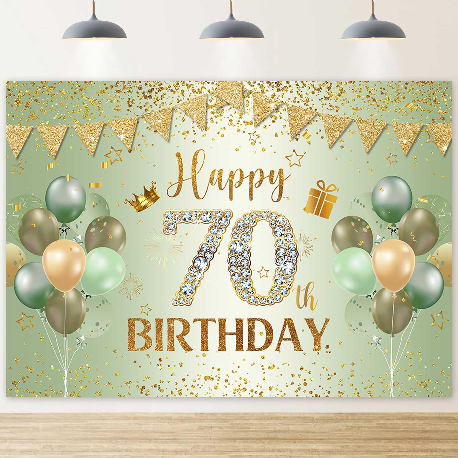 Ayayiya Sage Green 70th Birthday Backdrop Green Gold Flag Balloon Photography Background for Women Men Happy 70th Birthday Party Decorations Banner