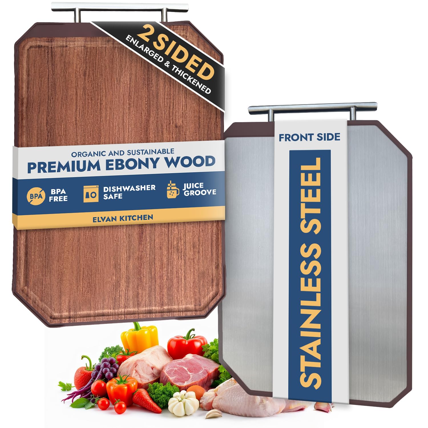 2-in-1 Wooden Cutting Board with Handle - Double-Sided Design with Stainless Steel for Easy Prep - BPA-Free, Dishwasher Safe & Durable for Meat, Veggies, Cheese & More