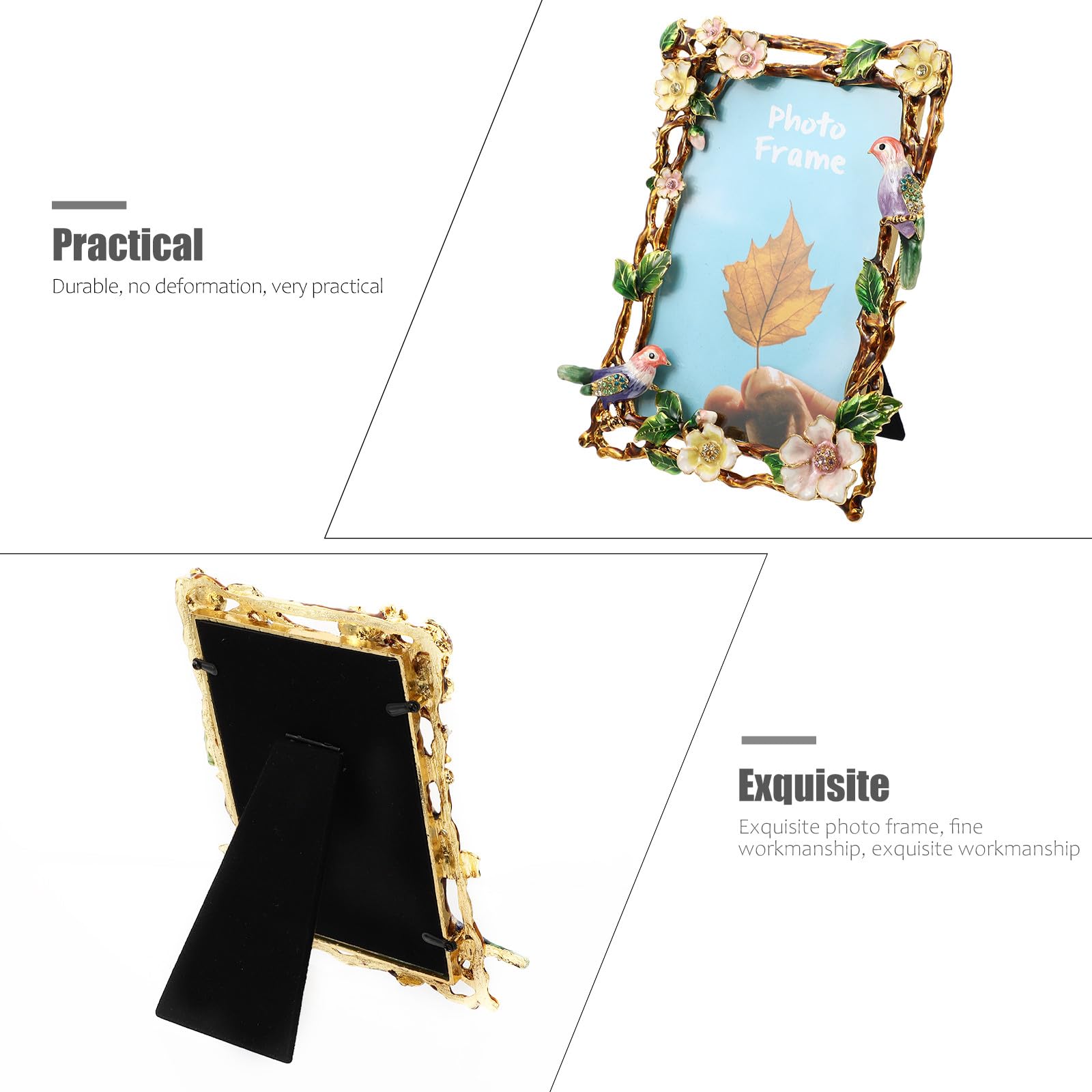 VOSAREA Fotorahmen Robust und Sicher mit Europäischem Stil aus Zinklegierung Vintage und Emaillierter Blumen und Vogeldekoration für Tisch und Thekenpräsentation