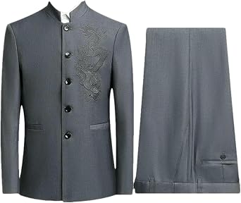 Mens Zhongshan Suit Set Classic Mandarin Collar Blazer Matching Trousers 5-Button Stand Collar Chinese tunic suit