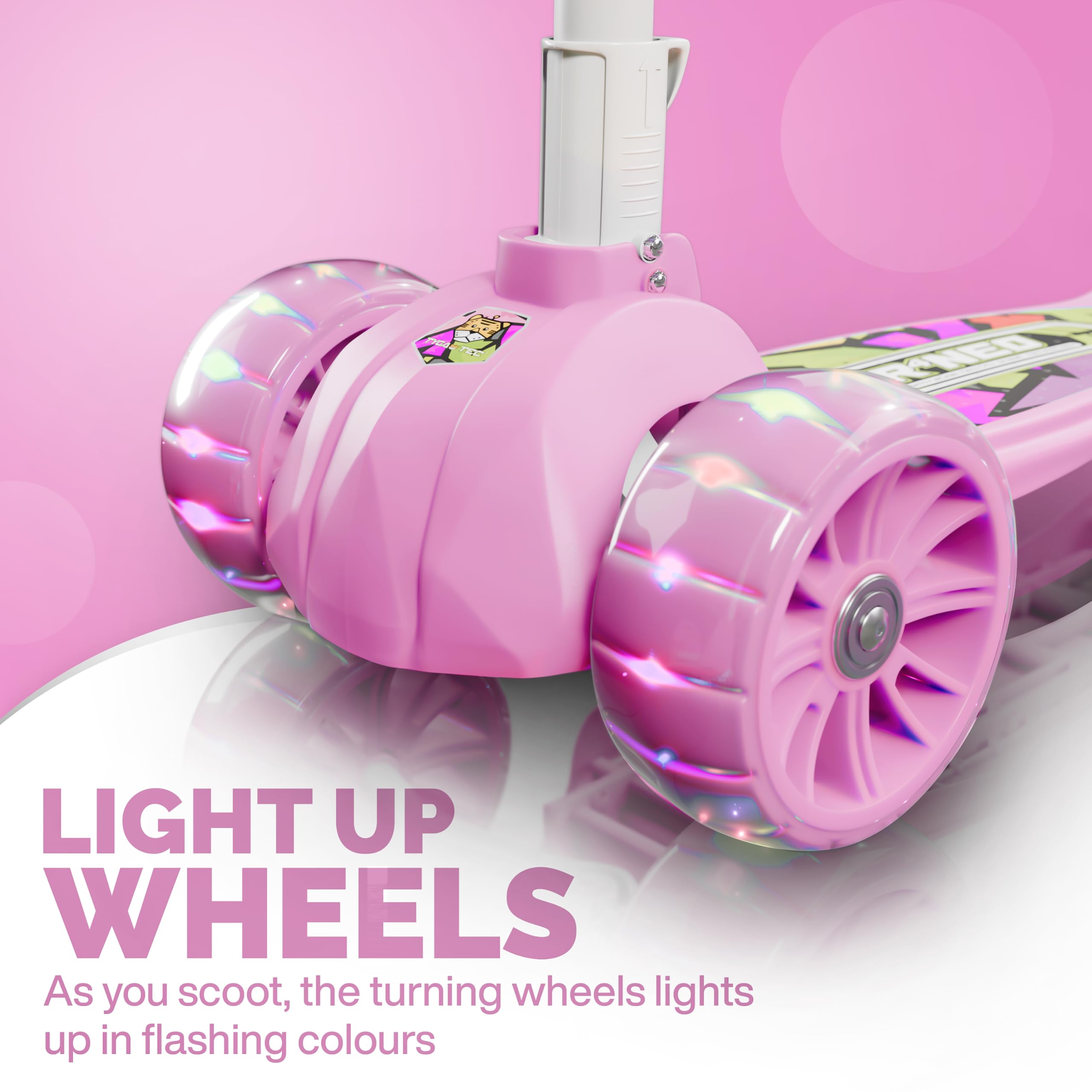 Tygatec 3 Wheel Kids Scooter for Year 5 to 14, LED Magic Wheels, Smart Kick Scooter with Fold-able & Height Adjustable Handle for Baby Boys and Girls with Foot Brakes (Rosy Pink) (Pink) 1
