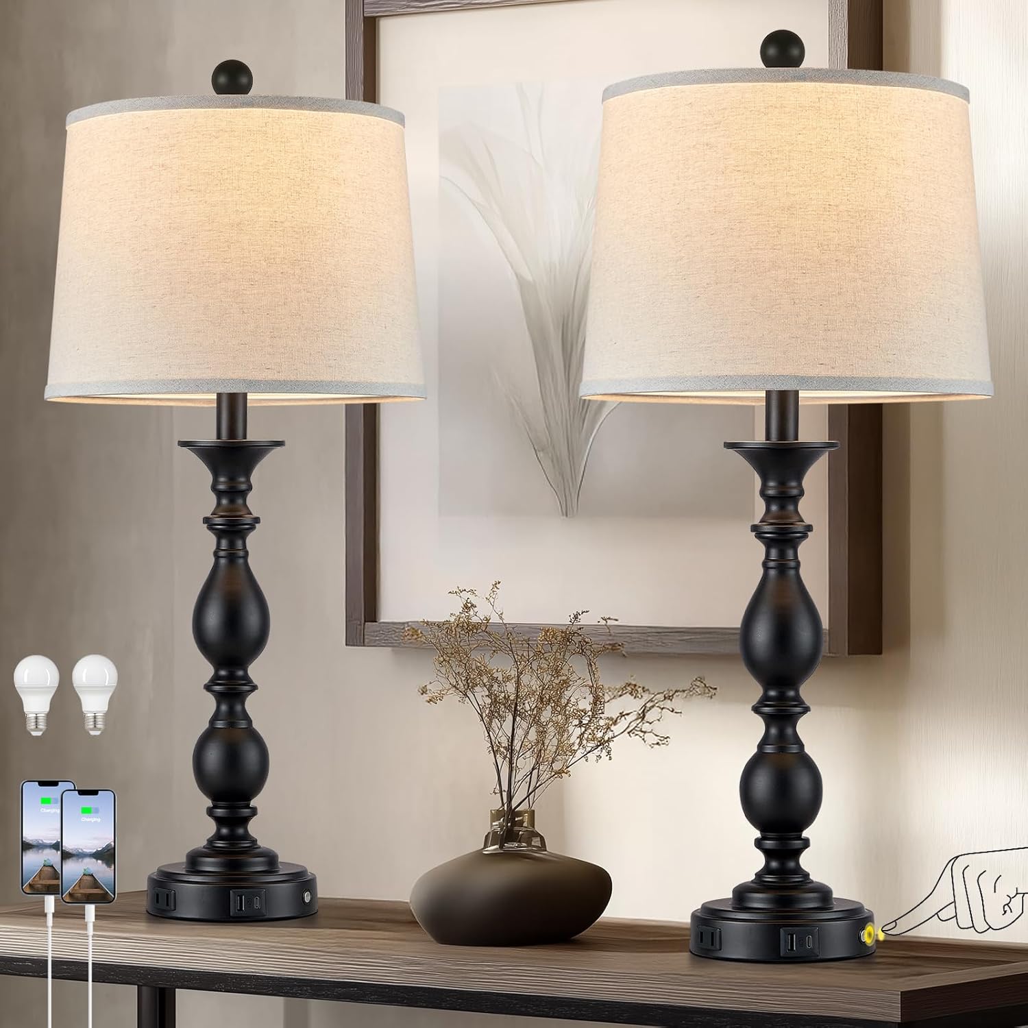 28" Tall Modern Table Lamp with USB A+C Ports and AC Outlet, 3 Way Touch Metal Bedside Lamps for Bedroom, Silver Farmhouse Nightstand Lamps for Living Room