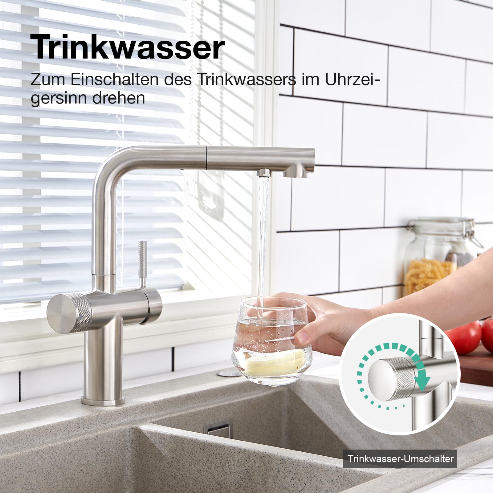 Faustina 3 Wege Küchenarmatur mit Brause ausziehbar, Doppelhebel Armatur Wasserhahn Spültischarmatur Trinkwasserhahn Küche für Osmoseanlage Umkehrosmose und Wasserfilter gebürstet