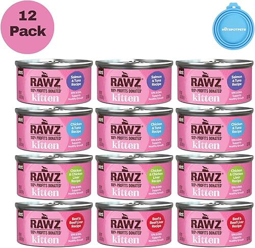 Miniatura 8 de Rawz Natural Premium Kitten Pate - Alimento húmedo enlatado para gatos, paquete de 12 latas de sabores variados, 4 sabores, (Salmón, pollo, atún,