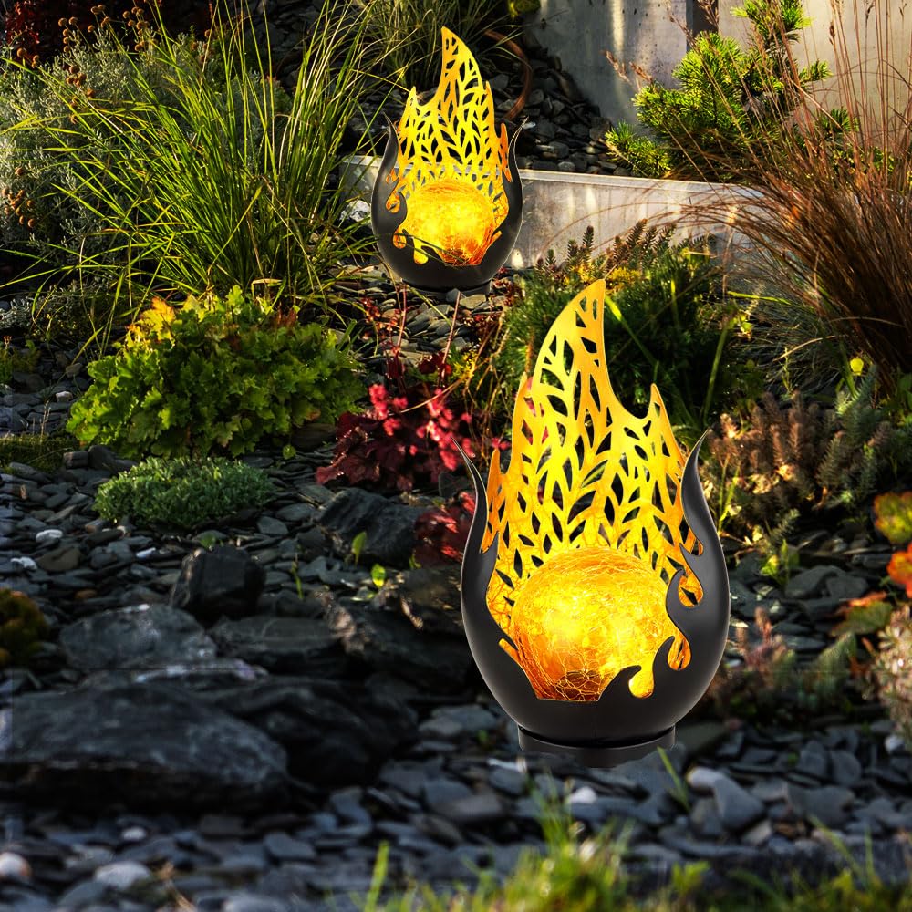 Gartendeko Solarlampen für Außen Outdoor Balkon Deko schwarz gold Flammenoptik Glaskugel, IP44 Akku Metall, 1x LED, LxBxH 16,5x12,5x26,5 cm, 2er Set
