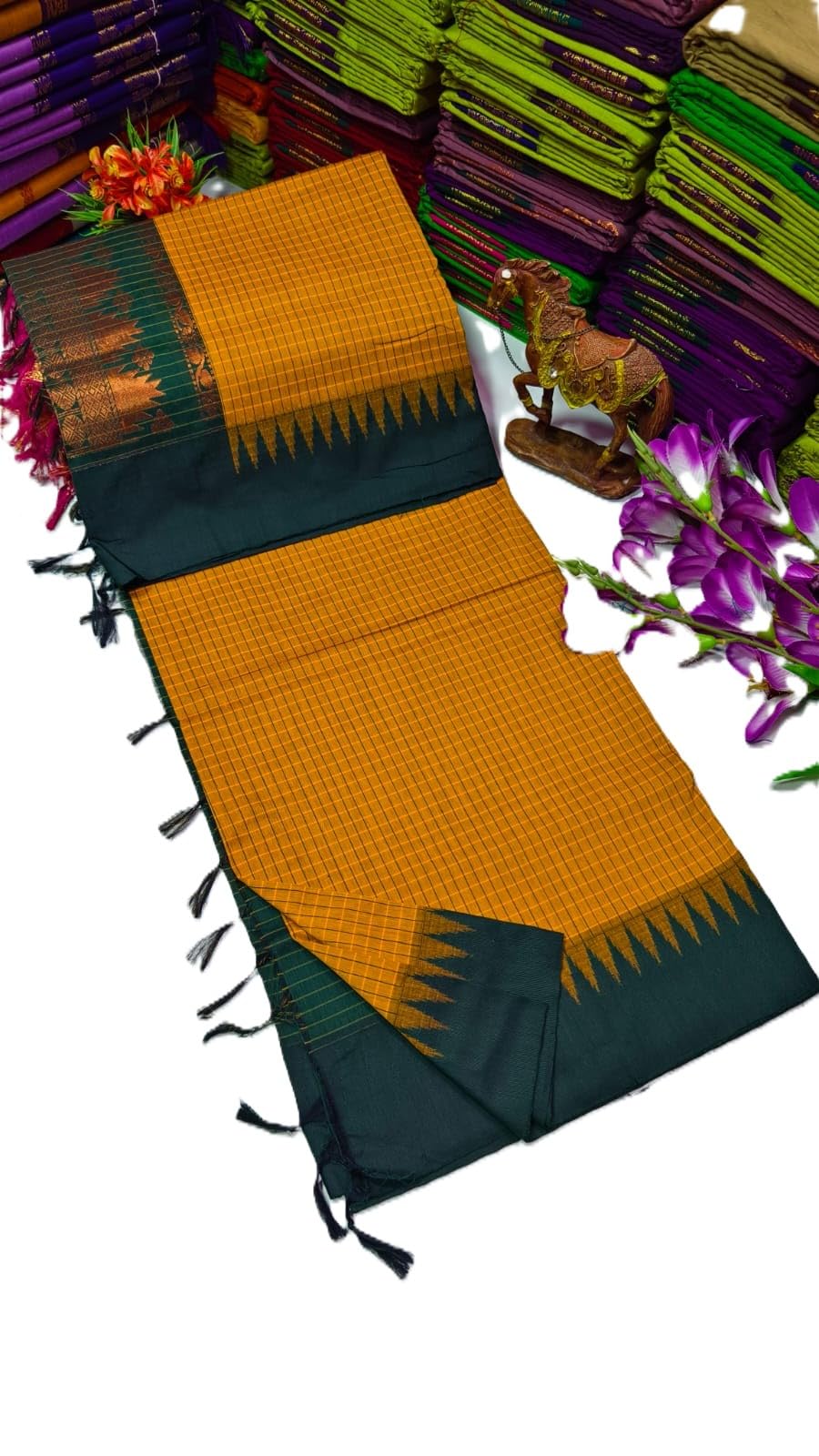 Women's Pure Kalyani Cotton Saree with Zari Border | musted yellow with dark green pallu and blouse – Traditional & Lightweight | Elegant look-image-36