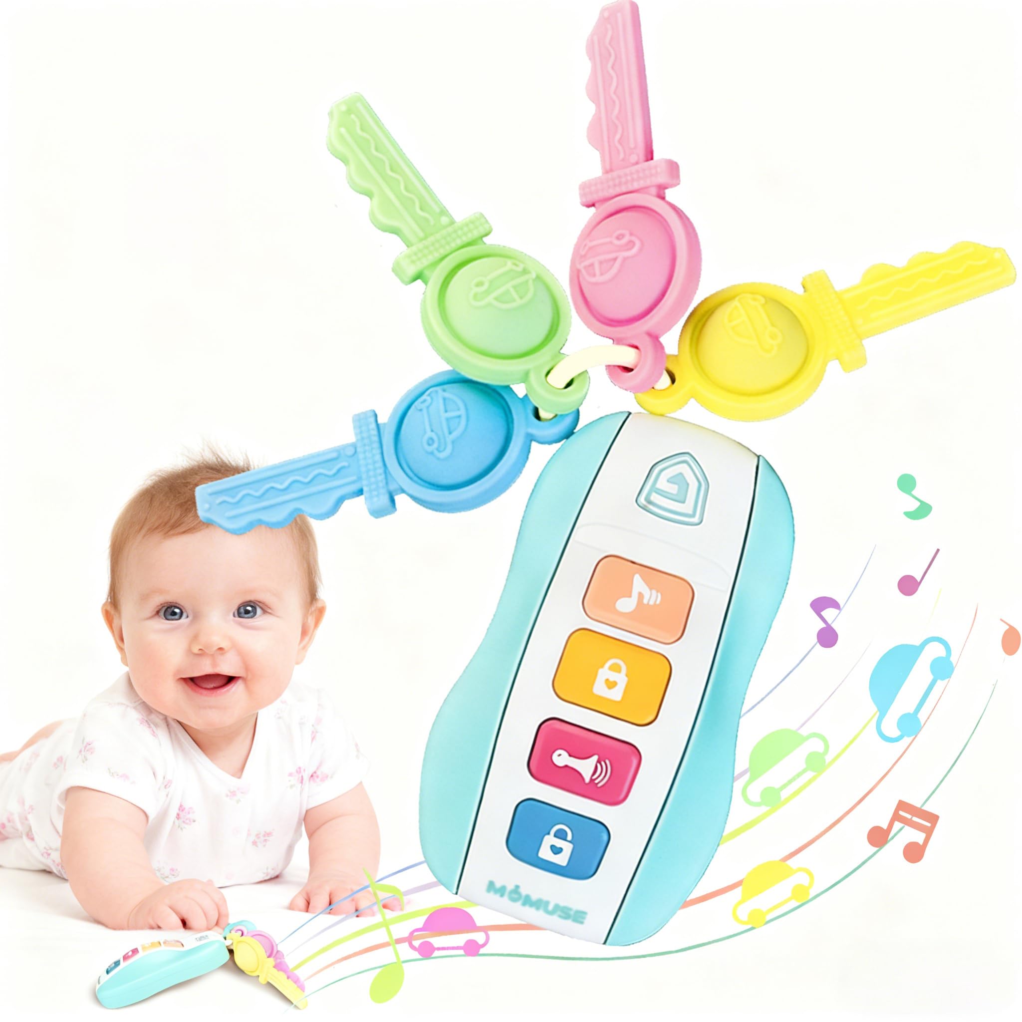 MOMUSE Baby Beißring mit 4 Autoschlüsseln, Beißspielzeug 10 Monate, Spielzeug Schlüssel aus Silikon, Musikspielzeug Weihnachts- und Geburtstagsgeschenke für das Baby 12 16 18 Monate