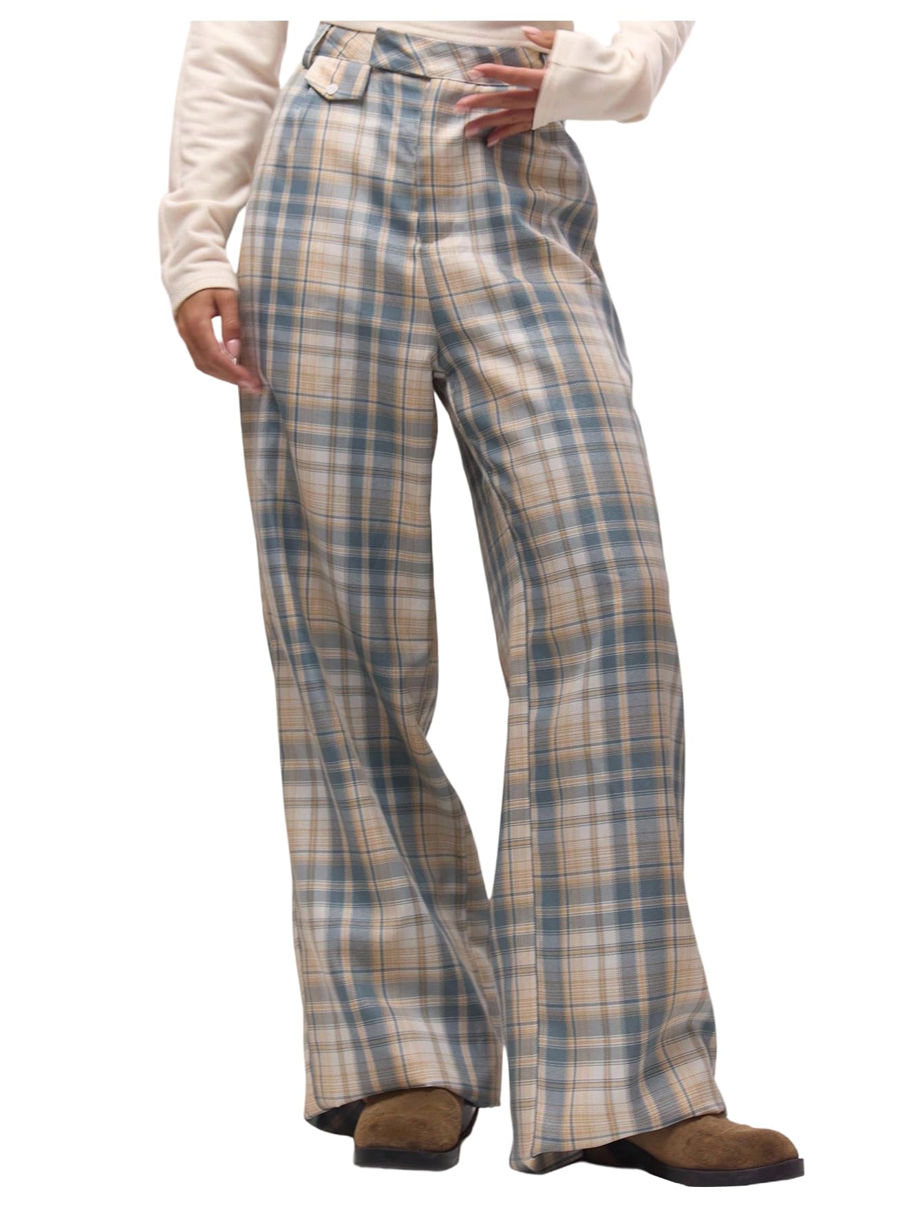 Womens Preppy Plaid Casual Pants High Waisted Wide Leg Trousers Y2k Pants