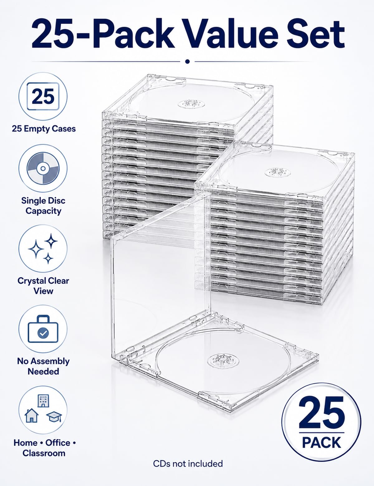 Confezione da 25 custodie vuote per CD da 10,4 mm, in plastica trasparente, per dischi singoli standard, custodie per protezione e sostituzione, custodie vuote per DVD con vassoio assemblato