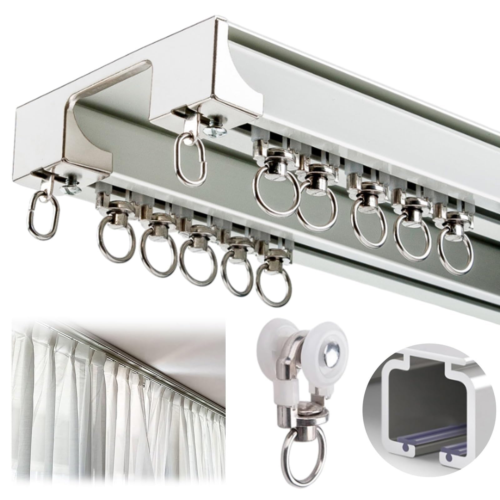 Biały cichy karnisz z podwójną zasłoną, zestaw rozdzielaczy pokojowych, aluminiowy ścienny system szyn sufitowych, przesuwny karnisz do prywatności salonu (100 cm-600 cm) (kolor: biały B, Si