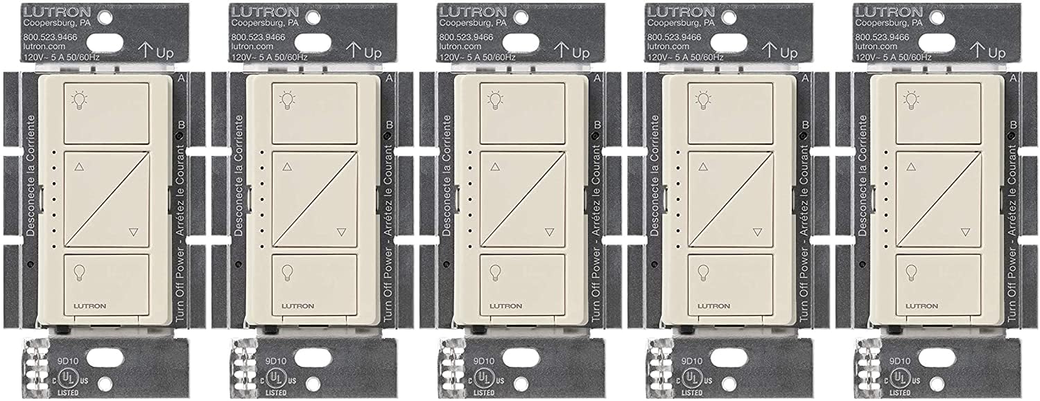 Lutron Caseta Original Smart Dimmer Switch (Lutron Smart Hub Required), for LED Lights, 150 Watt, Single-Pole/3-Way, No Neutral Required, PD-6WCL-LA, Light Almond, 5 Pack Light Almond 5 Pack Smart Dimmer
