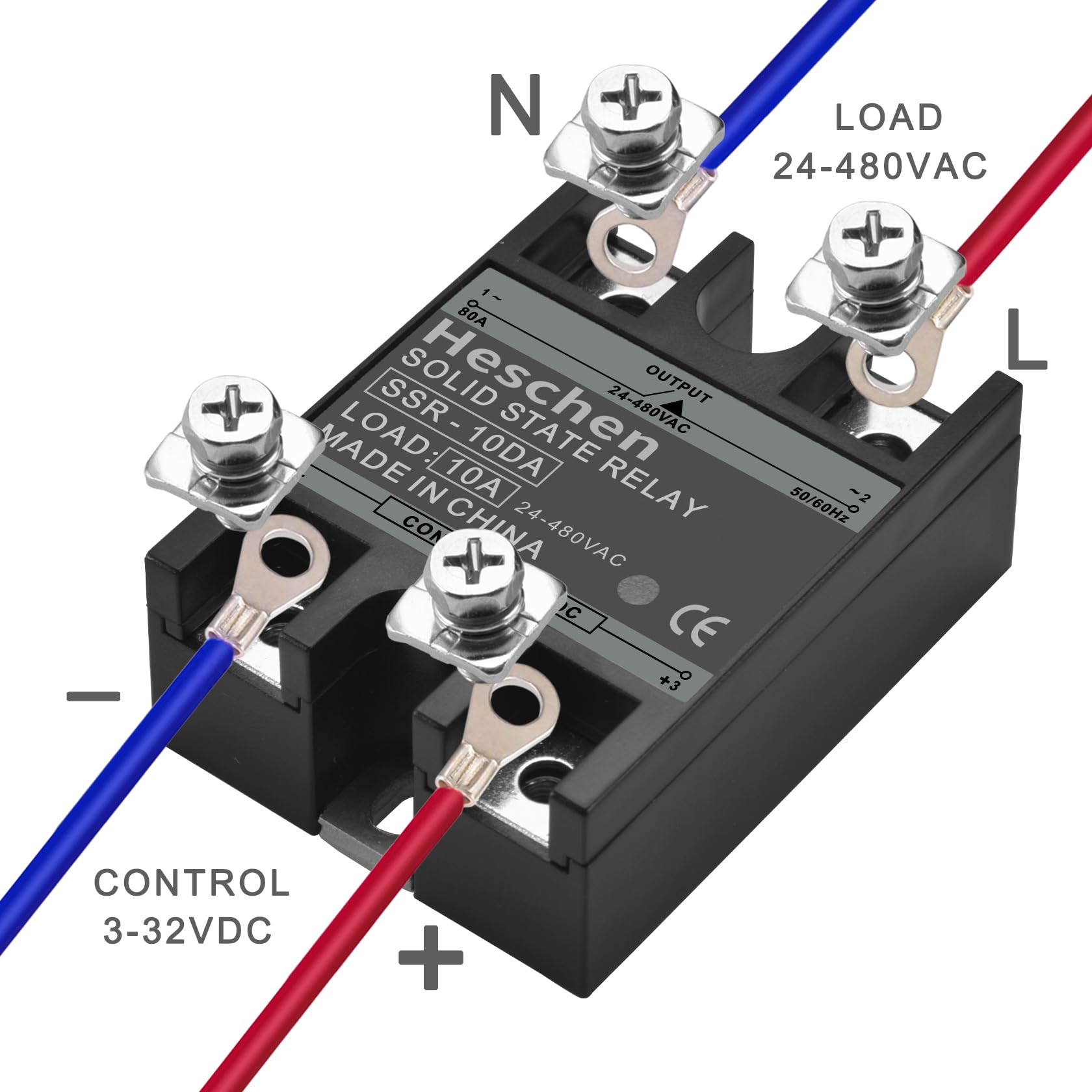 Heschen Jednofazowy przekaźnik statyczny DC/AC, SSR-10DA, wejście 4-32 VDC, wyjście 24-480 VAC, 10 A 50-60 Hz