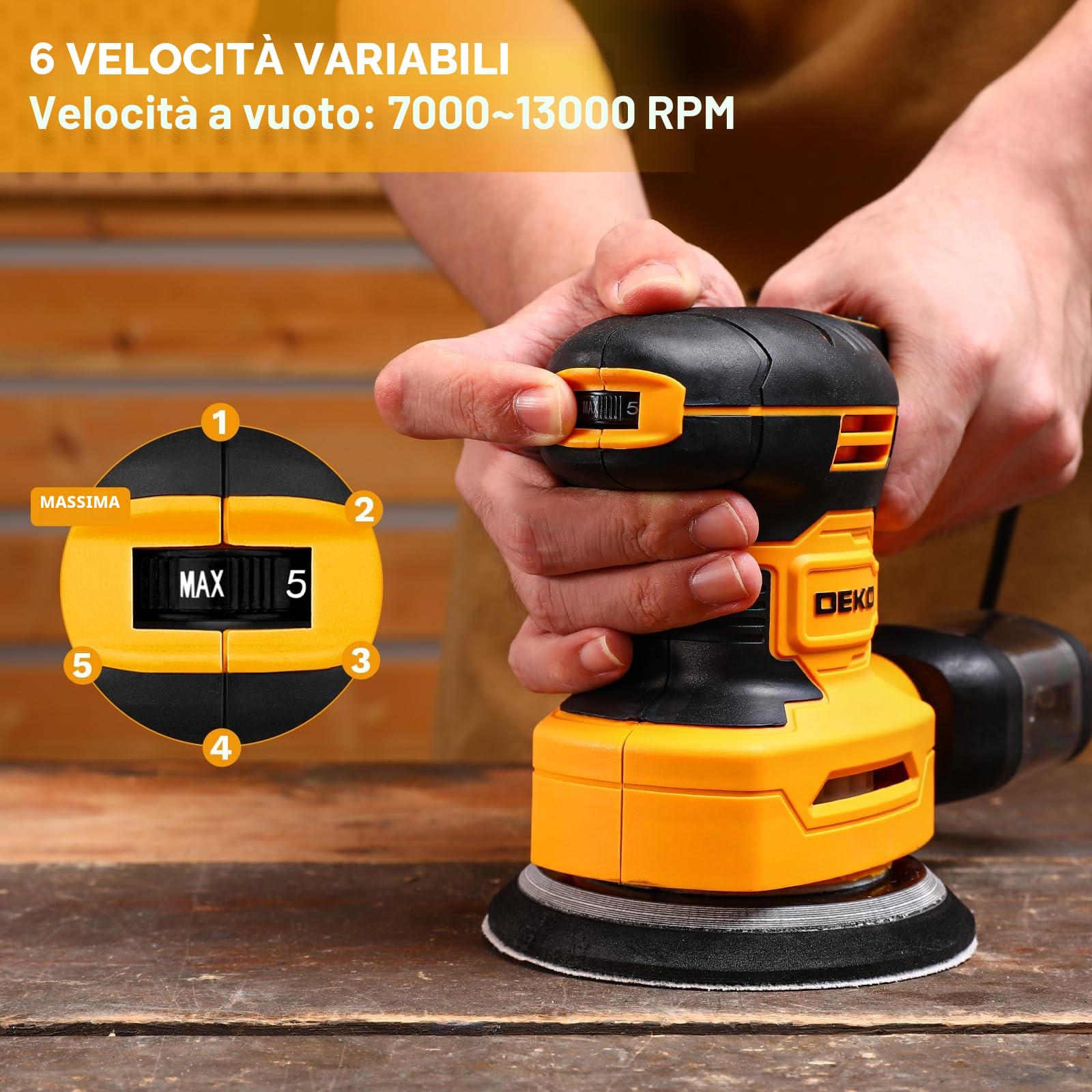 DEKOPRO 3-IN-1 Levigatrice Orbitale: Levigatrice Multifunzione 300W 13000RPM, con 15 fogli di carta vetrata, 6 velocità e accessori per il lavoro del legno