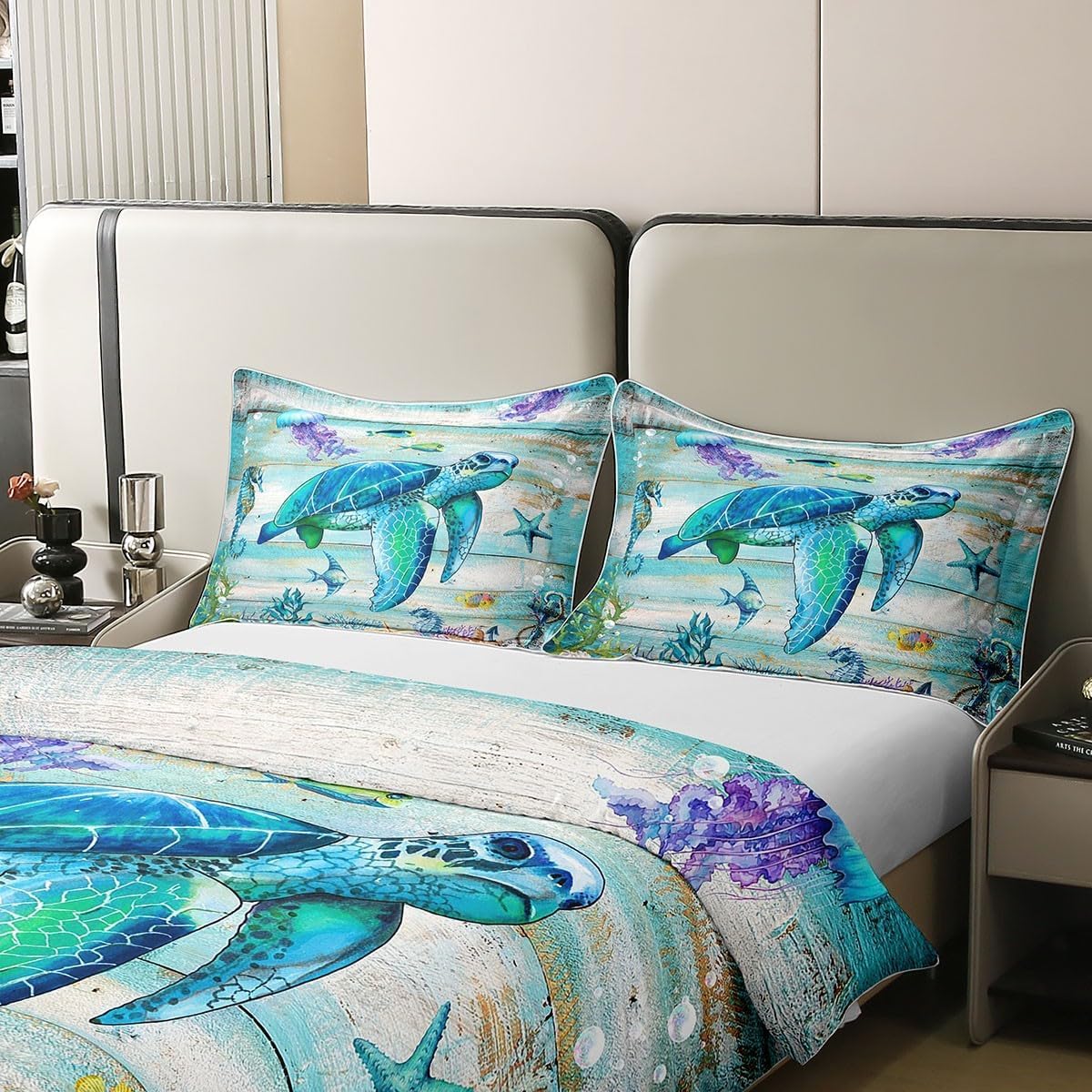 100% Organic Cotton Coastal Duvet Cover Double,Summer Sea Turtle Jellyfish Bedding Set for Boys Girls,Tropical Starfish Coral Comforter Cover,Farmhouse Wooden Barn Bed Sets with 2 Pillowcases - Image 4