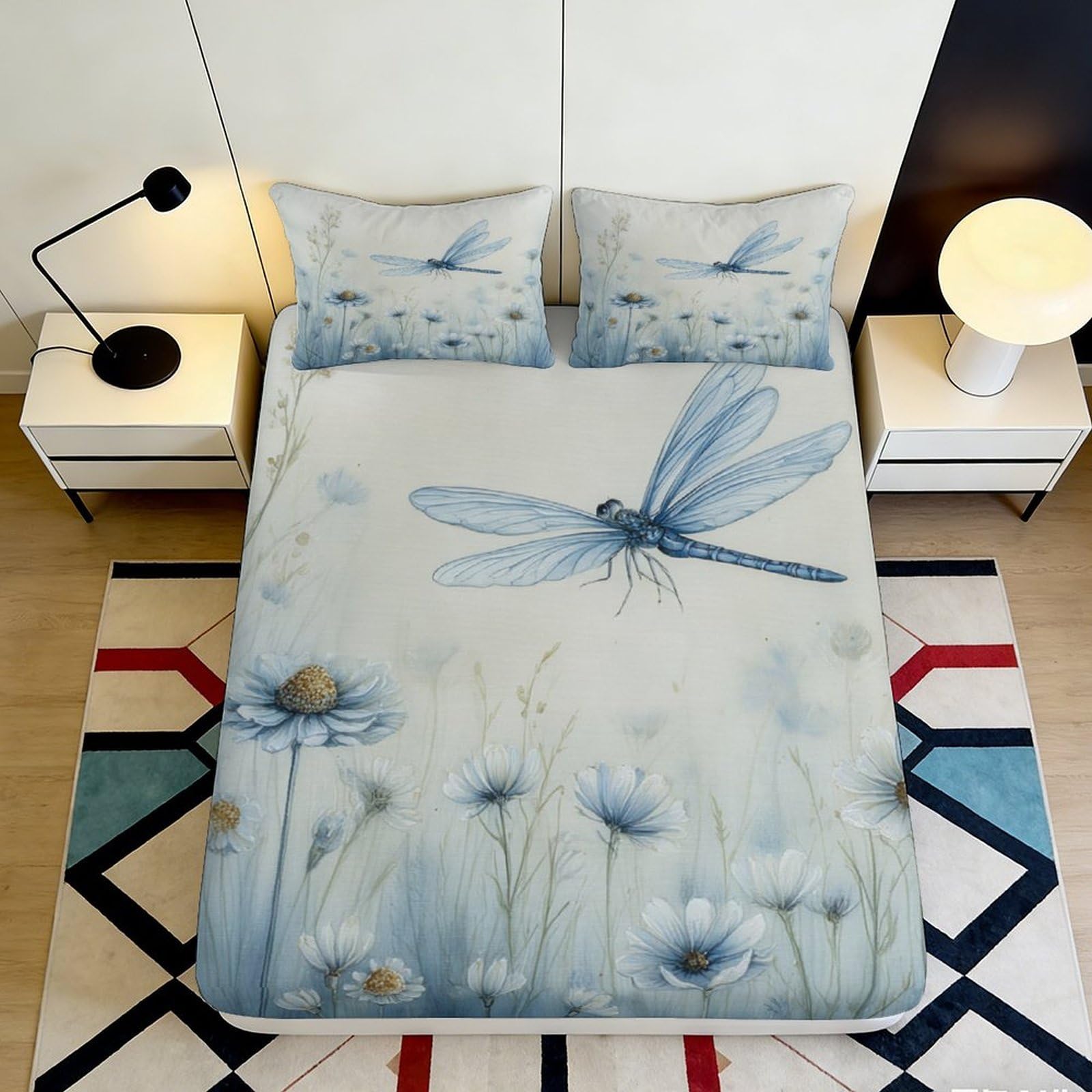 3D Printed Blue Dragonfly Fitted Sheet Microfiber Soft Decor Wildflower Mattress Cover for Bedroom Guest Room 90x200x25cm