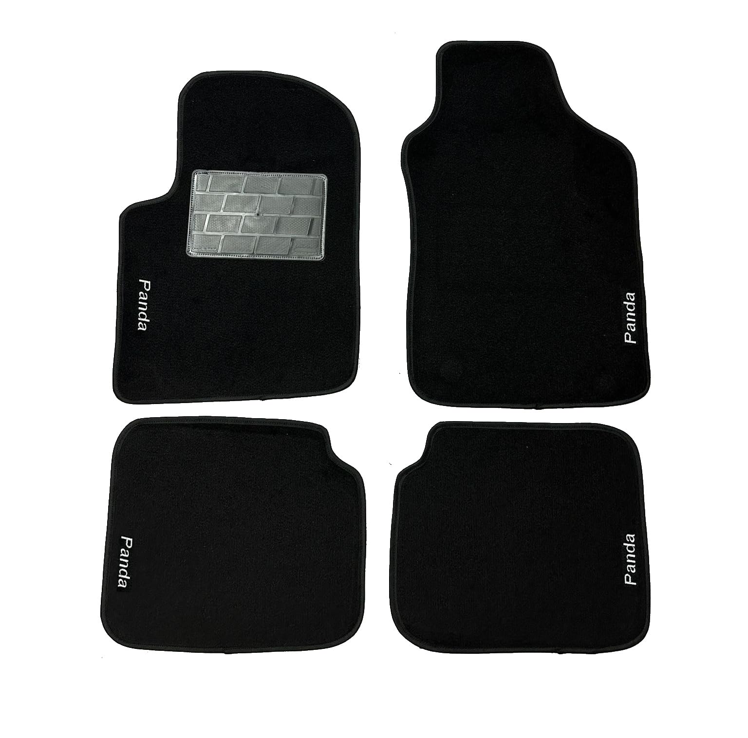 Set Tappetini Auto Fiat Panda, 4 Pezzi in Moquette Nera, con Bordino Velcrato Antiscivolo (4 ricami laterali, moquette standard 6mm)