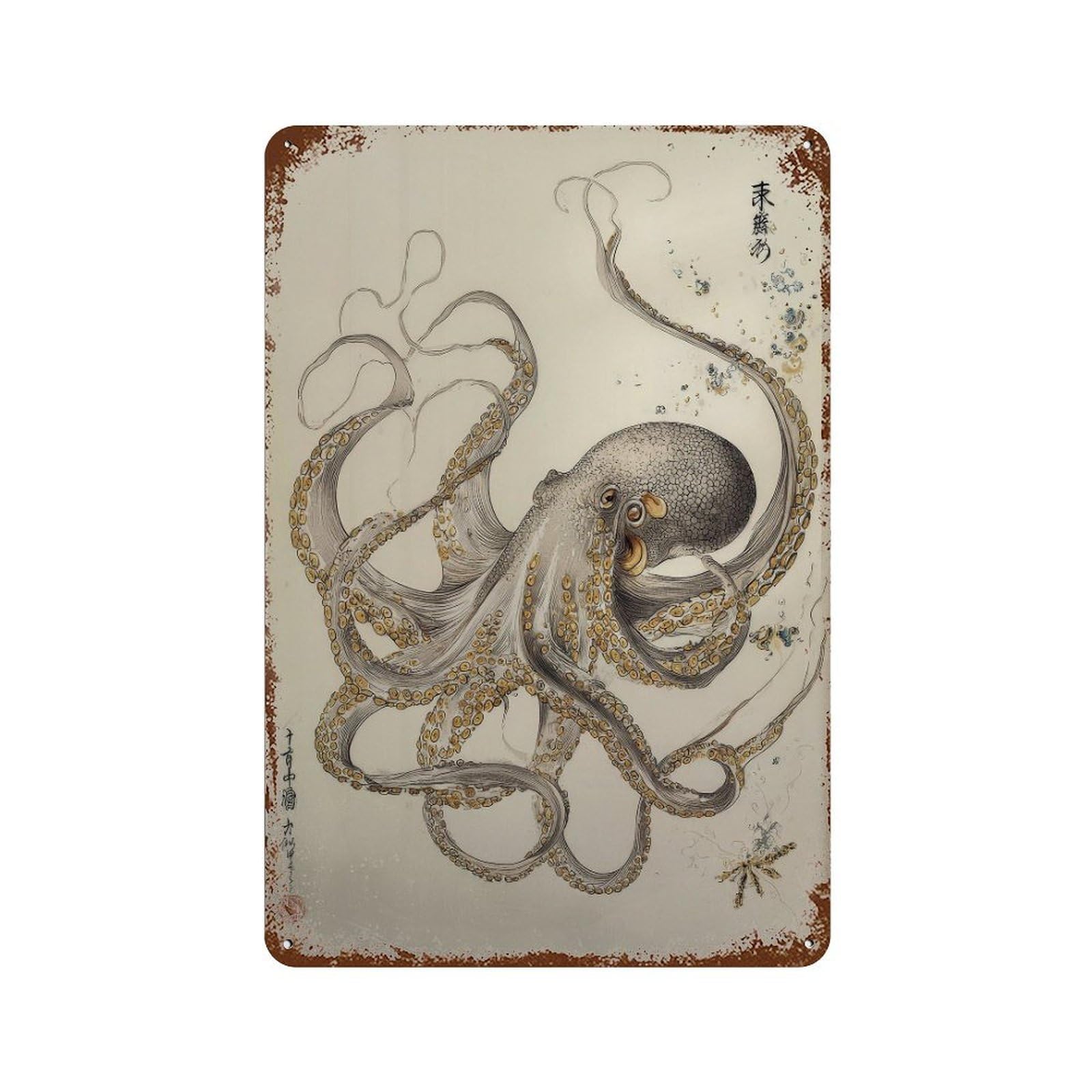 xiaoxiaoshen Japanese Octopus Japan Oriental Traditional Woodblock Style. Zen Nature Home Decor Wall Decor Art Metal Tin Poster Modern Home Decor Art Home Bar Shop Decorations Vintage Sign 30x20cm