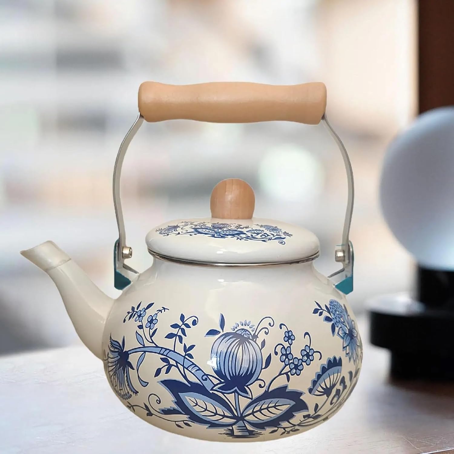 White Enamel Kettle with Vintage Blue Floral Pattern 2.5L Tea Pot for Household Stovetop Boiling Water
