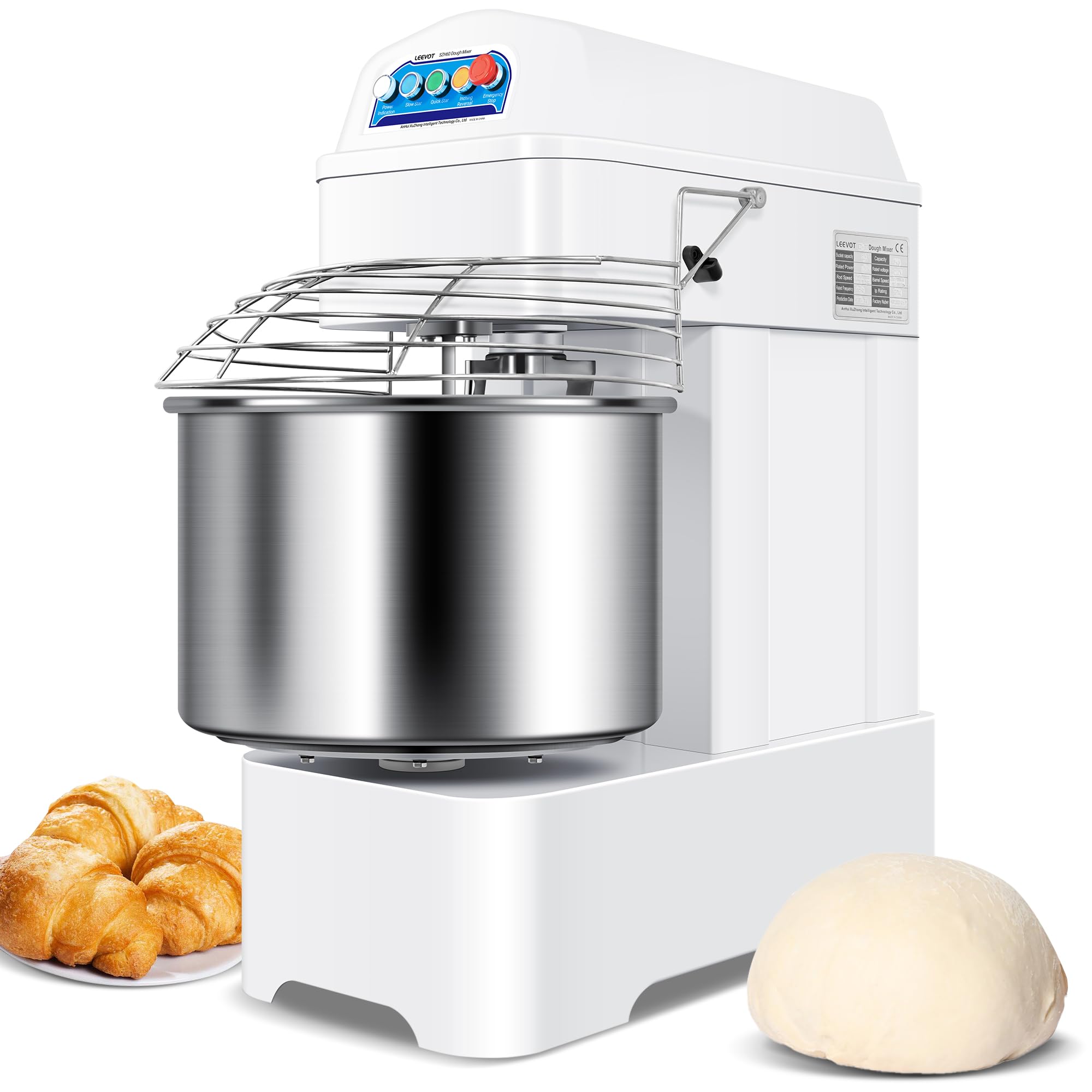LEEVOT Impastatrice Planetaria, 4000W Planetaria Professionale, Ciotola in Acciaio 60L, 25KG Farina, 35KG Impasto, 2 Velocità Regolabili, Spegnimento Automatico, Alimentazione a 380V a tre fasi.