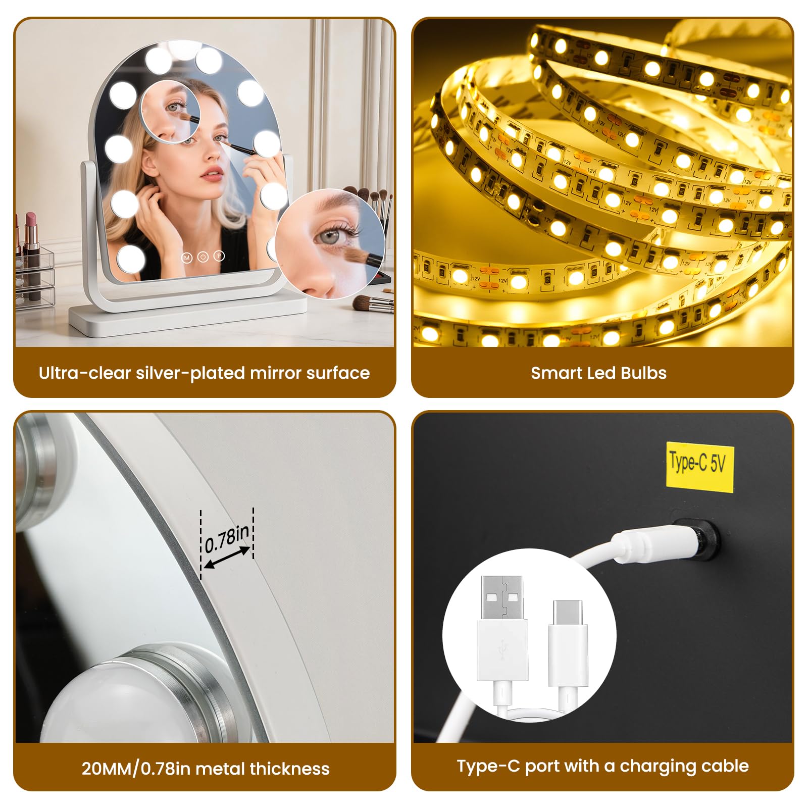 Specchio cosmetico ad arco ricaricabile con luci, 35,5 x 30,5 cm, specchio per trucco Hollywood con 10 lampadine, batteria da 3000 mAh, illuminazione a 3 colori, dimmerabile, ingrandimento 10x