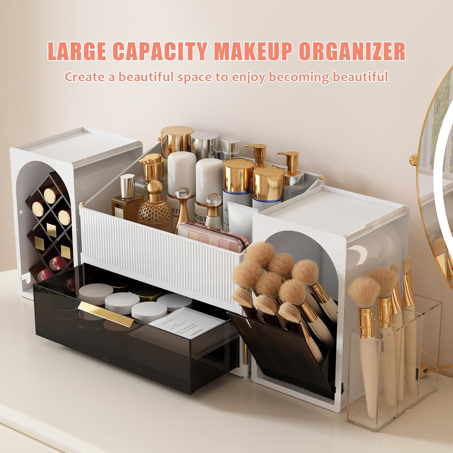 Large Makeup Organizer for Vanity with Brush Holder and Lipstick Display Stand, Countertop Cosmetic Storage with Drawer for Skincare, Nail Polish, Perfume and Eyeshadow Palettes