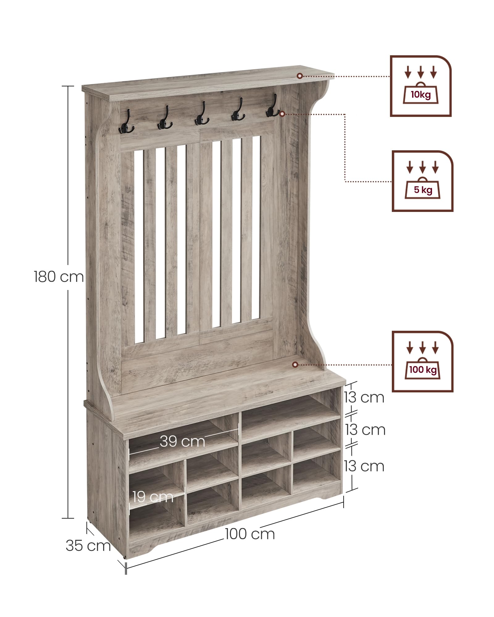 VASAGLE Meuble d’Entrée, Porte-Manteau avec Banc à Chaussures, Vestiaire, Rangement pour Chaussures, 5 Crochets Triples, Gain de Place, pour Entrée, Couloir, Étagères Réglables, Grège Chiné HSR404T02