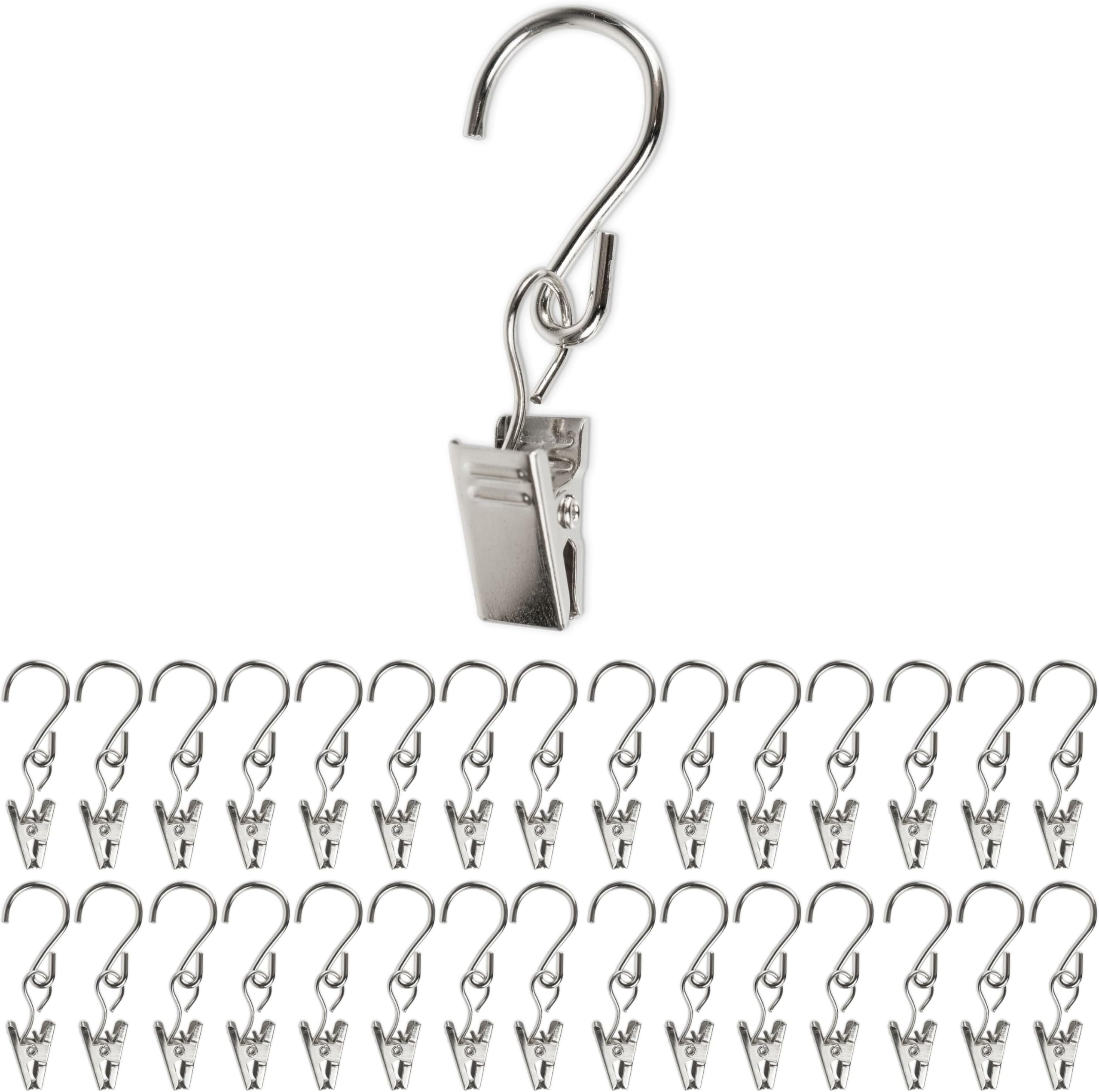 Curtain Clips with S-Hook, 30 Pack, in Silver-Colour, with Ø 0.51" hook eye, 2.36" long curtain strap, blind rings for rods, drape ring clamp s shape, blind pull loops, multipurpose fastener
