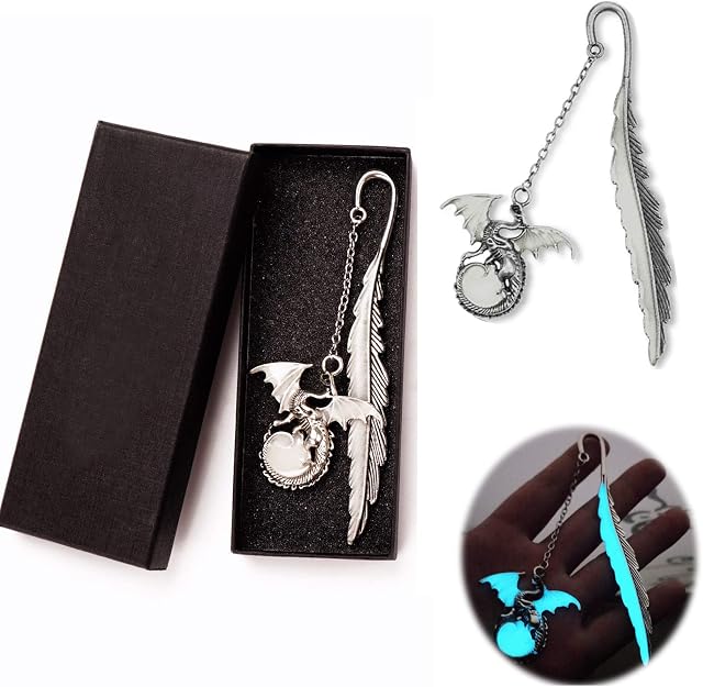 WOOXDYUK Metalowa zakładka w stylu vintage, retro, świecąca w jedynym w swoim rodzaju Glow in the Dark, prezent dla mężczyzn i kobiet (antyczny srebrny smok), HGA1224SHUQIAN