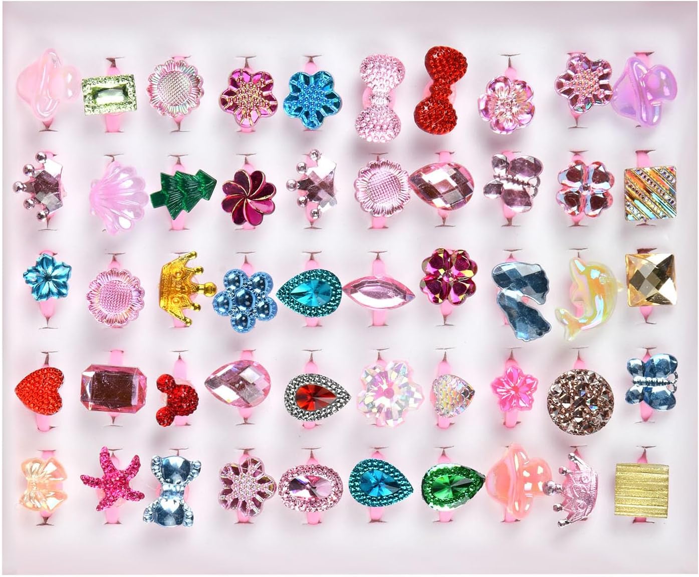 OSDUE Children's Rings Girls Pack of 50 Adjustable Rings Children No Duplication Rings Set Children's Birthday Children's Rings Girls for Teenagers Party Favours