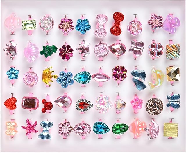 OSDUE Anelli per Bambina, 50 Pezzi Regolabili, Gioielli con Rhinestone per Ragazze, Giochi di Vestire per Favori di Festa di Compleanno with Rosa Box