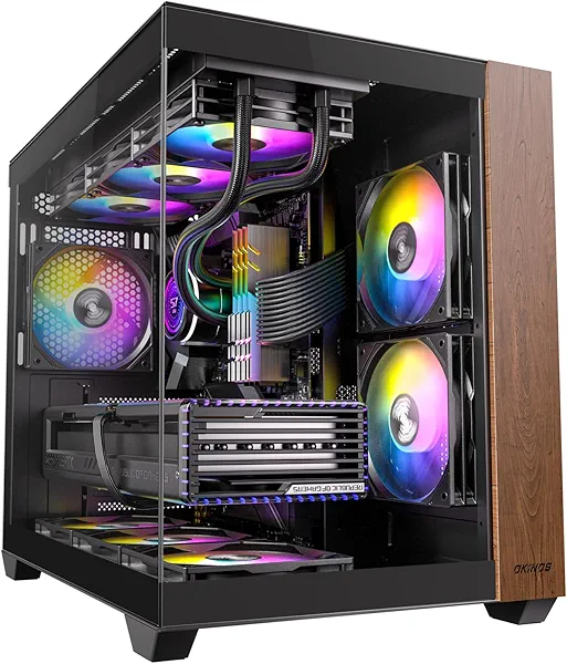 Okinos Genuine Walnut Wood PC Case, Pre-Installed 4 x 120mm ARGB & PWM Fans, Type-C Port, Panoramic View Tempered Glass Side Panel, Black, ATX Case, Mid-Tower, Mirage 6