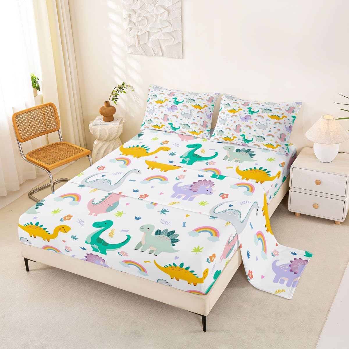 Homewish Juego de sábanas de dinosaurio verde y blanco tamaño King