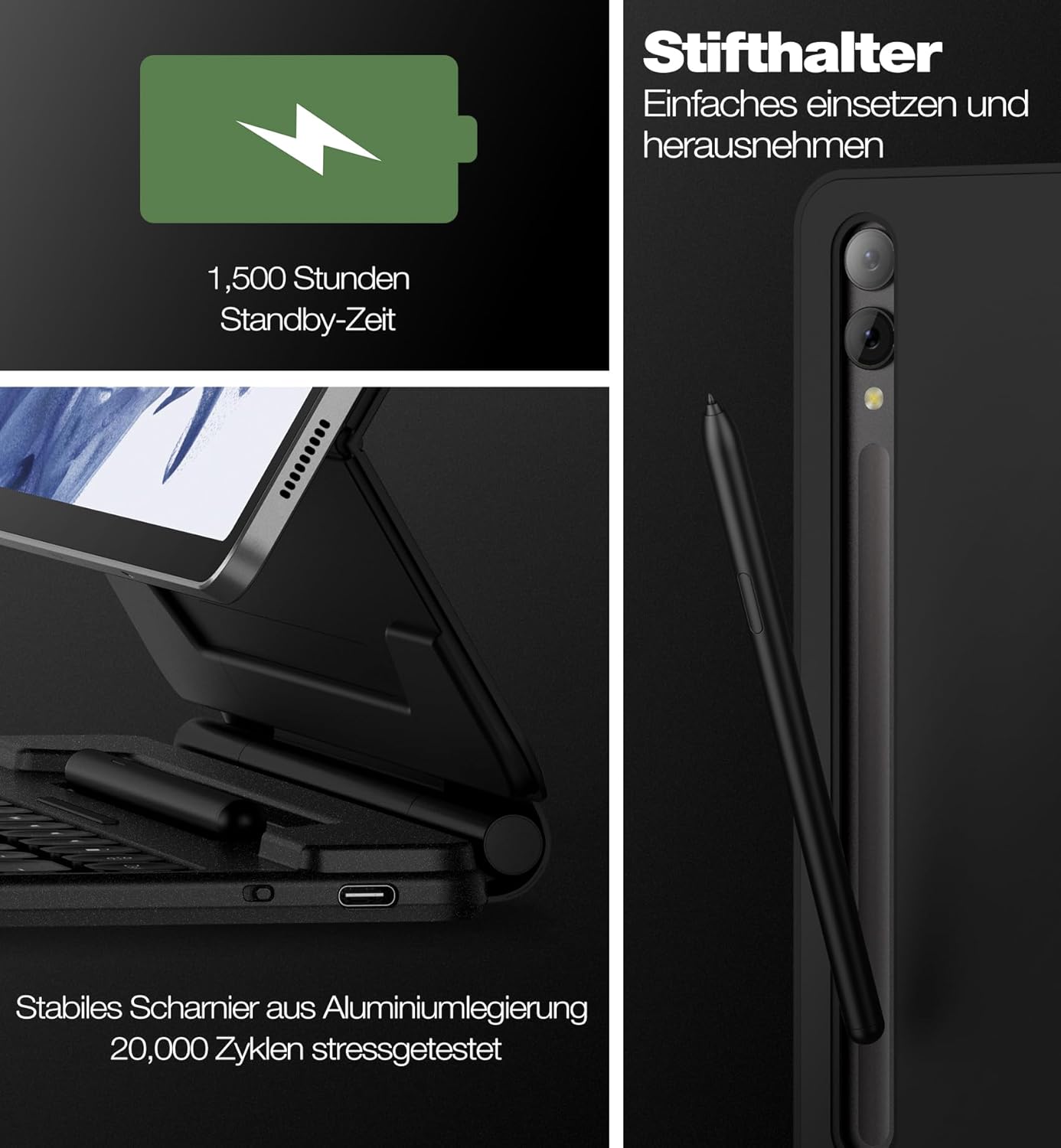 Close-up images showing the S Pen storage slot, the USB-C charging port, and the durable aluminum hinge.