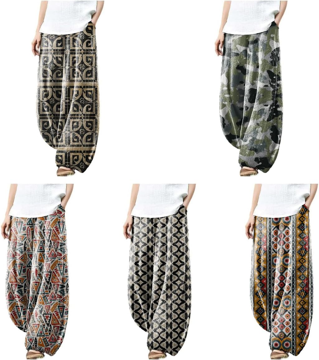 Wide Leg Linen Pants for Women Comfortable Breathable Pants with Pockets Vintage Elastic Waist Pants for Women