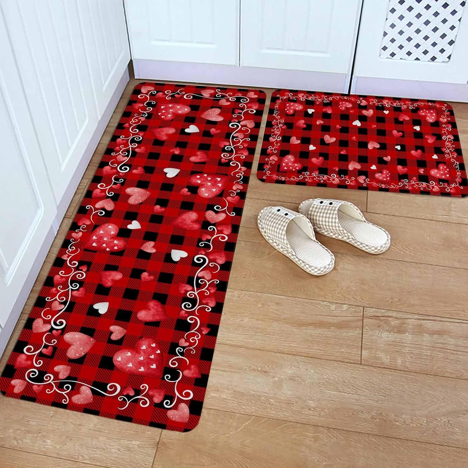 Red Valentines Kitchen Rugs and Mats Set of 2, Non-Slip Kitchen Sink Mat, Love Heart Watercolor Red Black Plaid Washable Doormat Bathroom Rugs Runner for Bedroom/Living Room 19.7"x31.5"+19.7"x63"