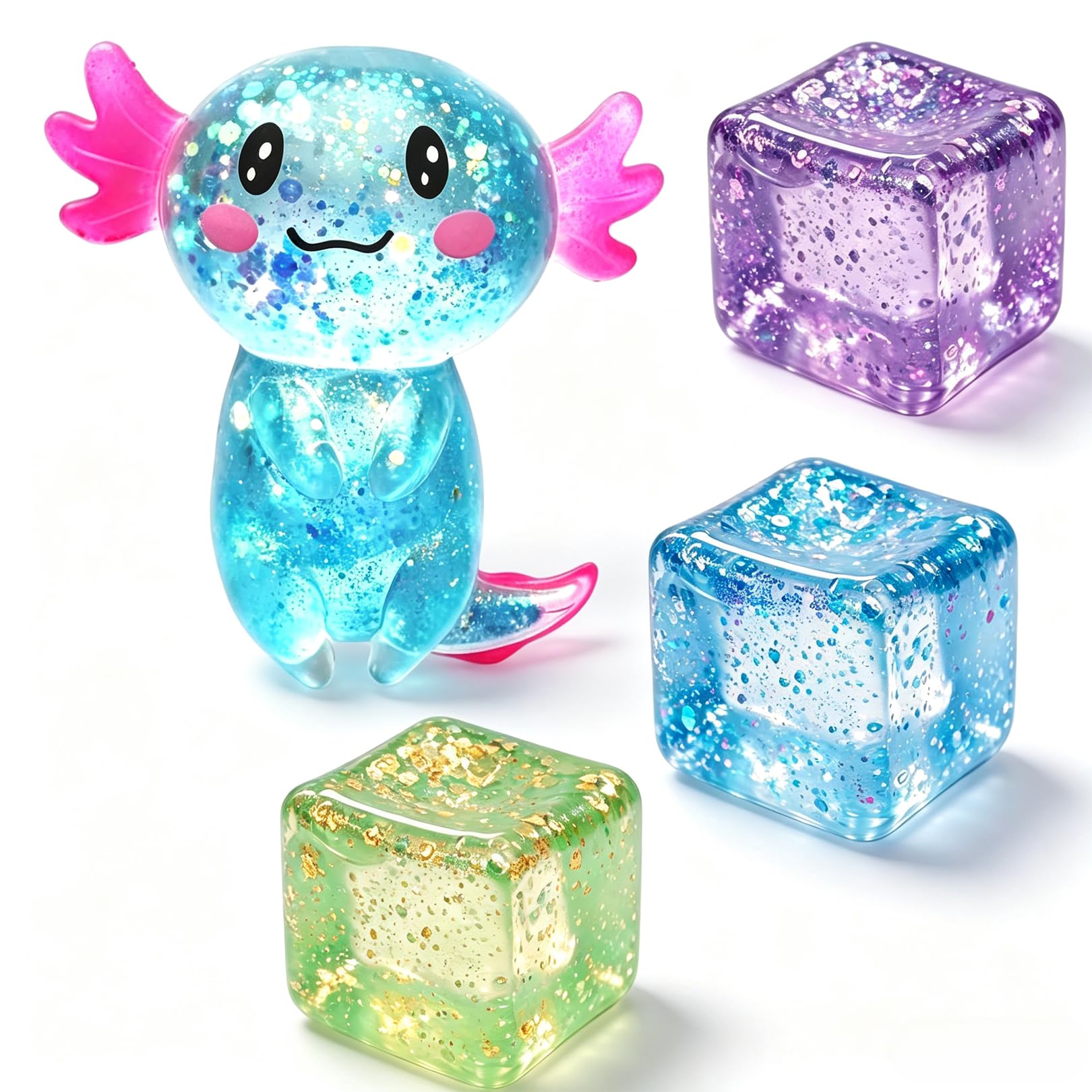 Mtjkkpo 4 PCS Glitter Squishy Cube & Axolotl Squishy Toys Stress Relief