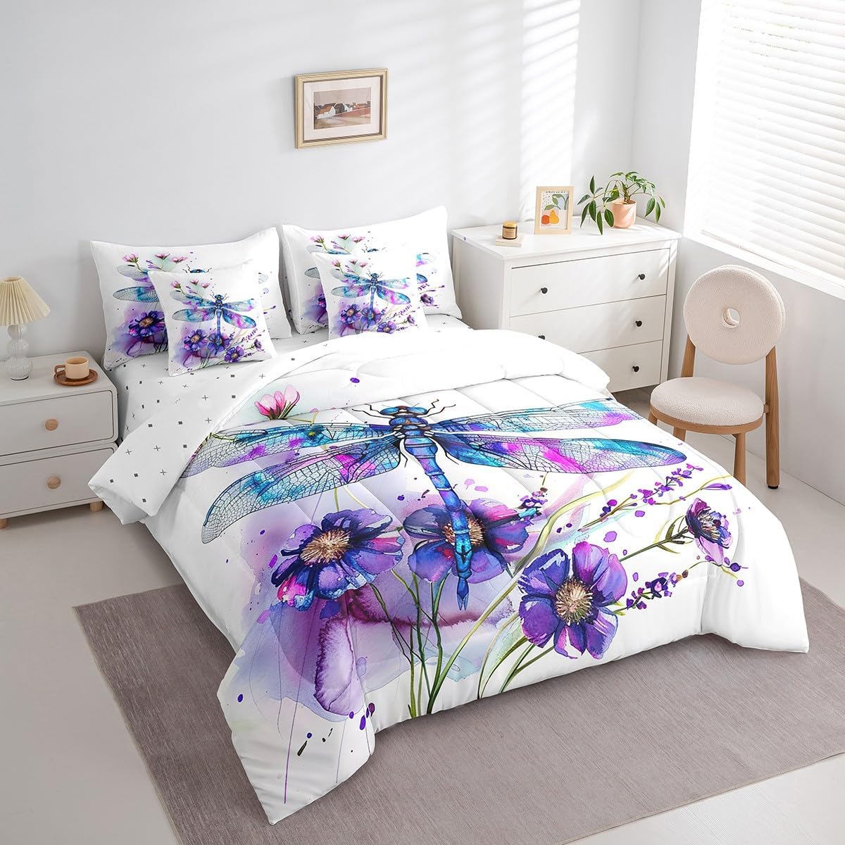 Feelyou Dragonfly Bed in a Bag Full Size, Purple Floral Dragonfly 7 Piece Bedding Set Animal Bedding Sets with All Season Quilted Comforter, Flat Sheet, Fitted Sheet, Pillowcases, Pillow Covers