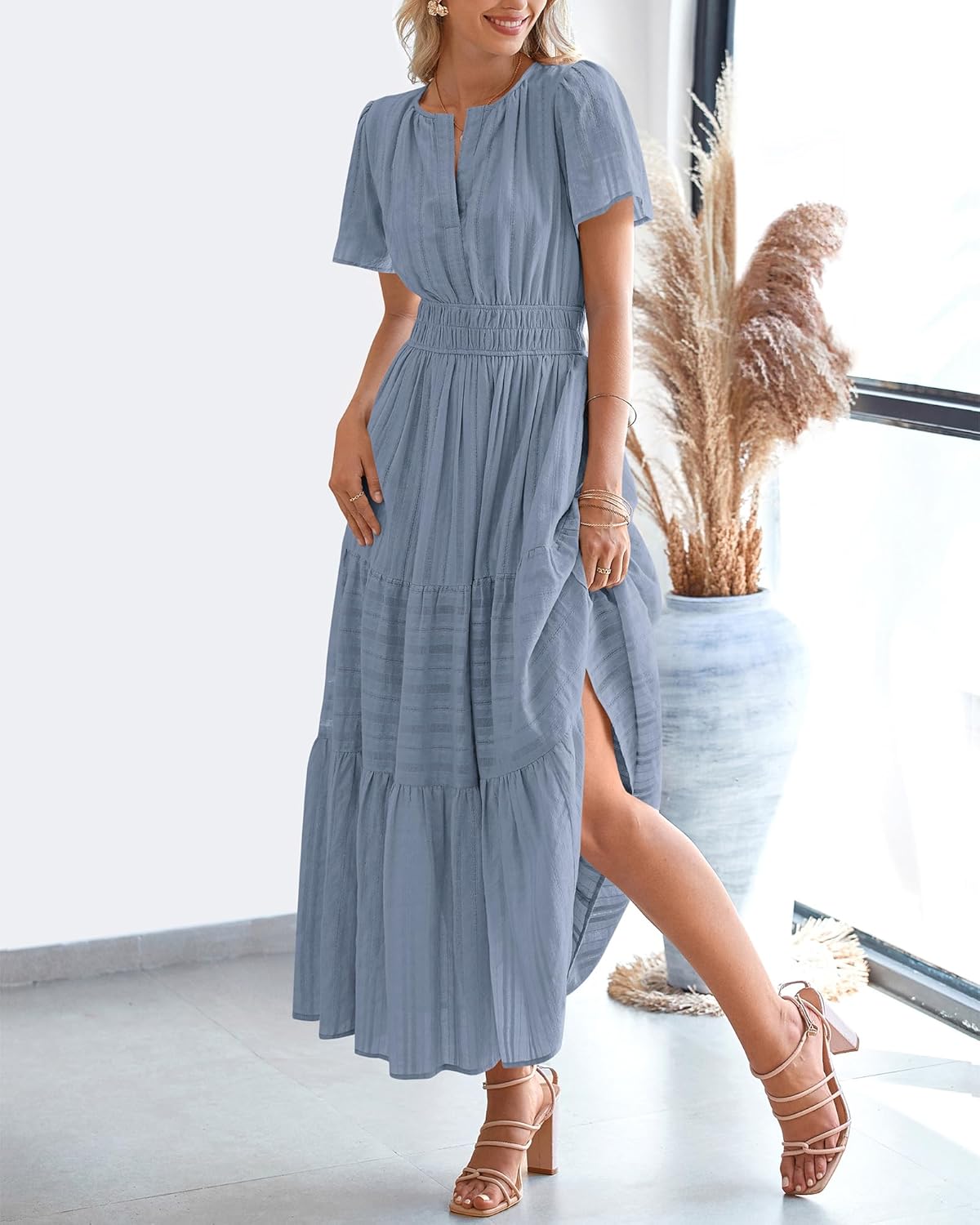 BTFBM Womens Summer 2026 Casual Midi Maxi Dresses Lightweight Short Sleeve V Neck Elastic Waist Boho Beach Dress Pockets - Image 8