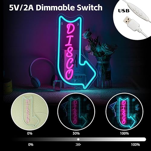Miniatura 6 de Looklight Letreros de neón de discoteca para decoración de pared, letrero de luz LED rosa y azul, flecha apuntando a la derecha, luz de neón con luz