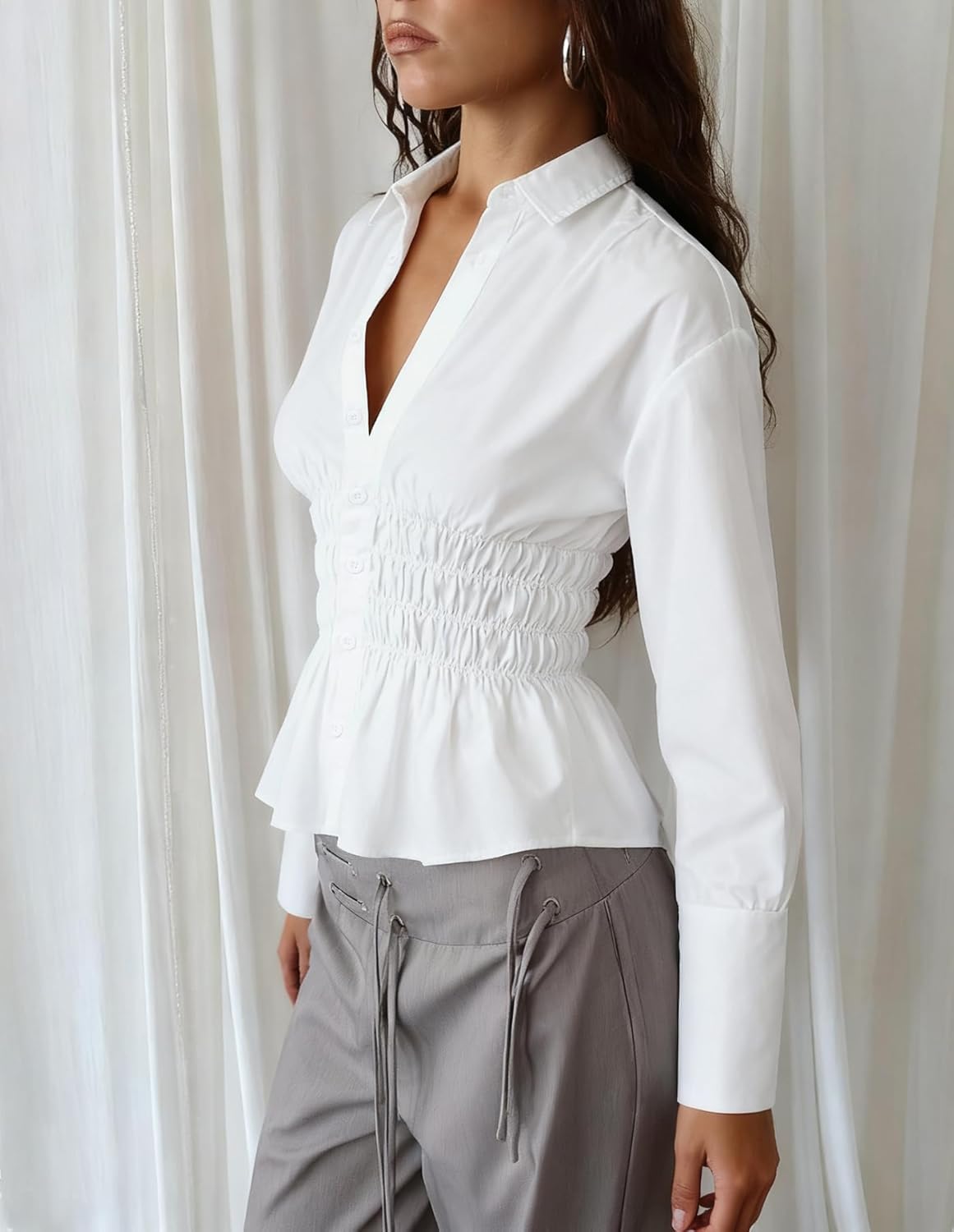 Women Long Sleeve Button Down Fitted Shirts Collared Cinched Waist Tops Office Work Blouse - Image 3